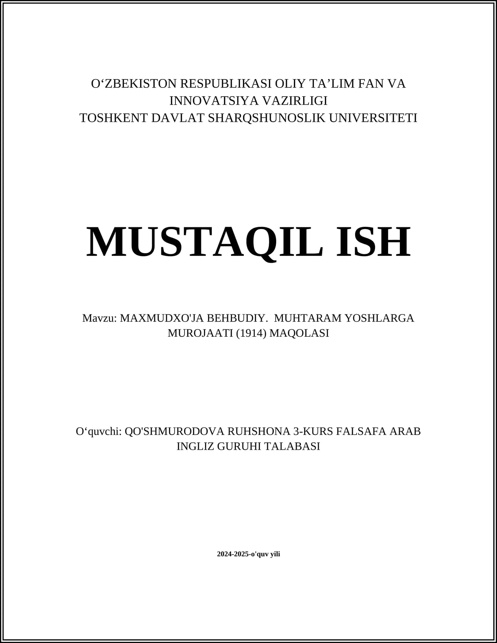 MAXMUDXO'JA BEHBUDIY. MUHTARAM YOSHLARGA MUROJAATI (1914) MAQOLASI