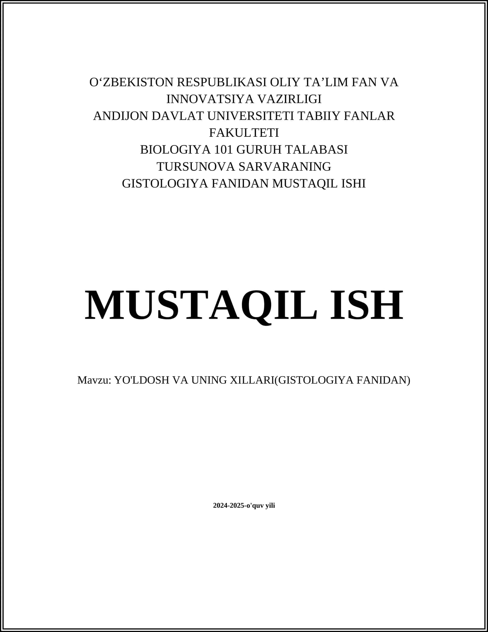 GISTOLOGIYA FANIDAN MUSTAQIL ISHI