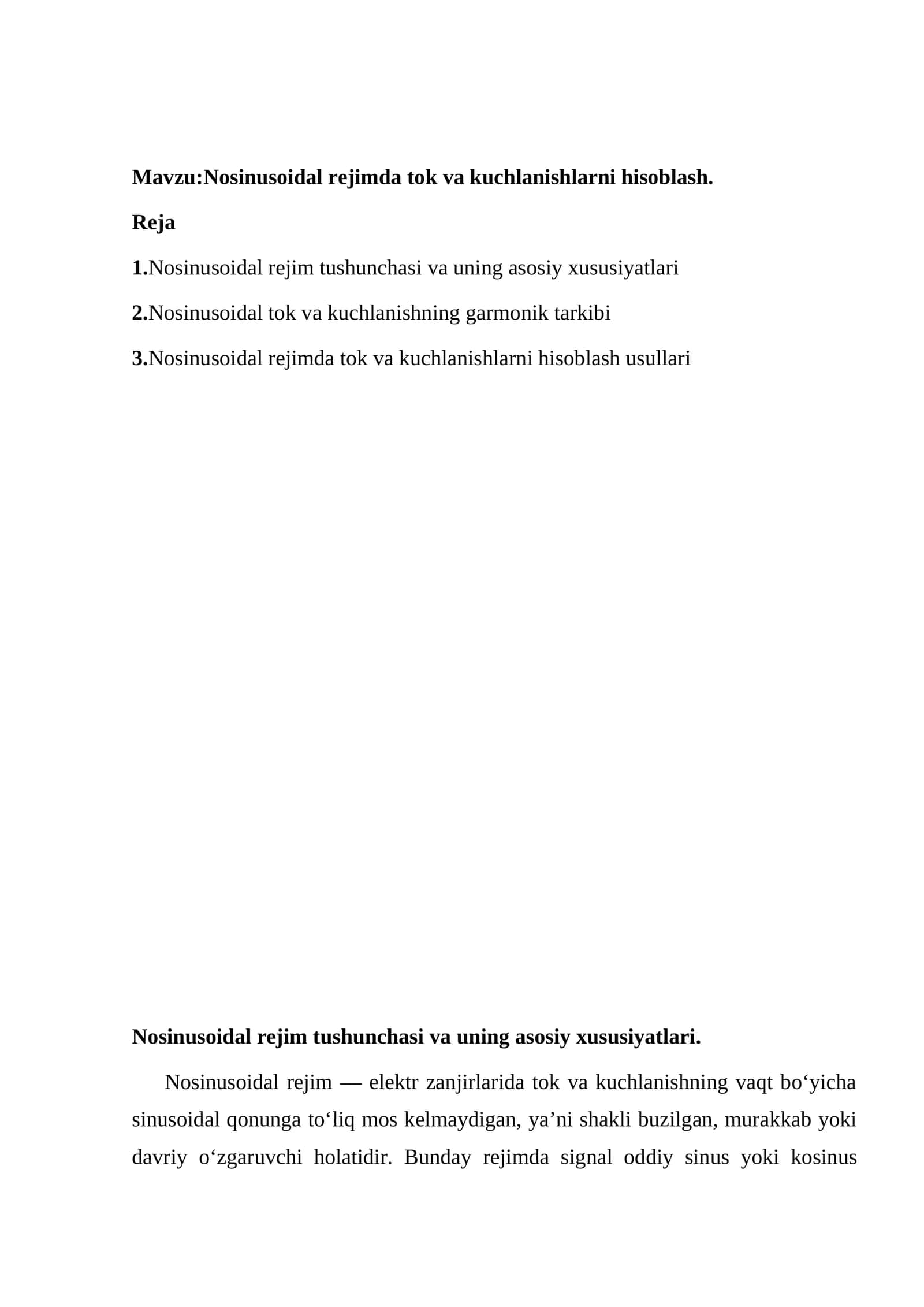 Nosinusoidal rejimda tok va kuchlanishlarni hisoblash