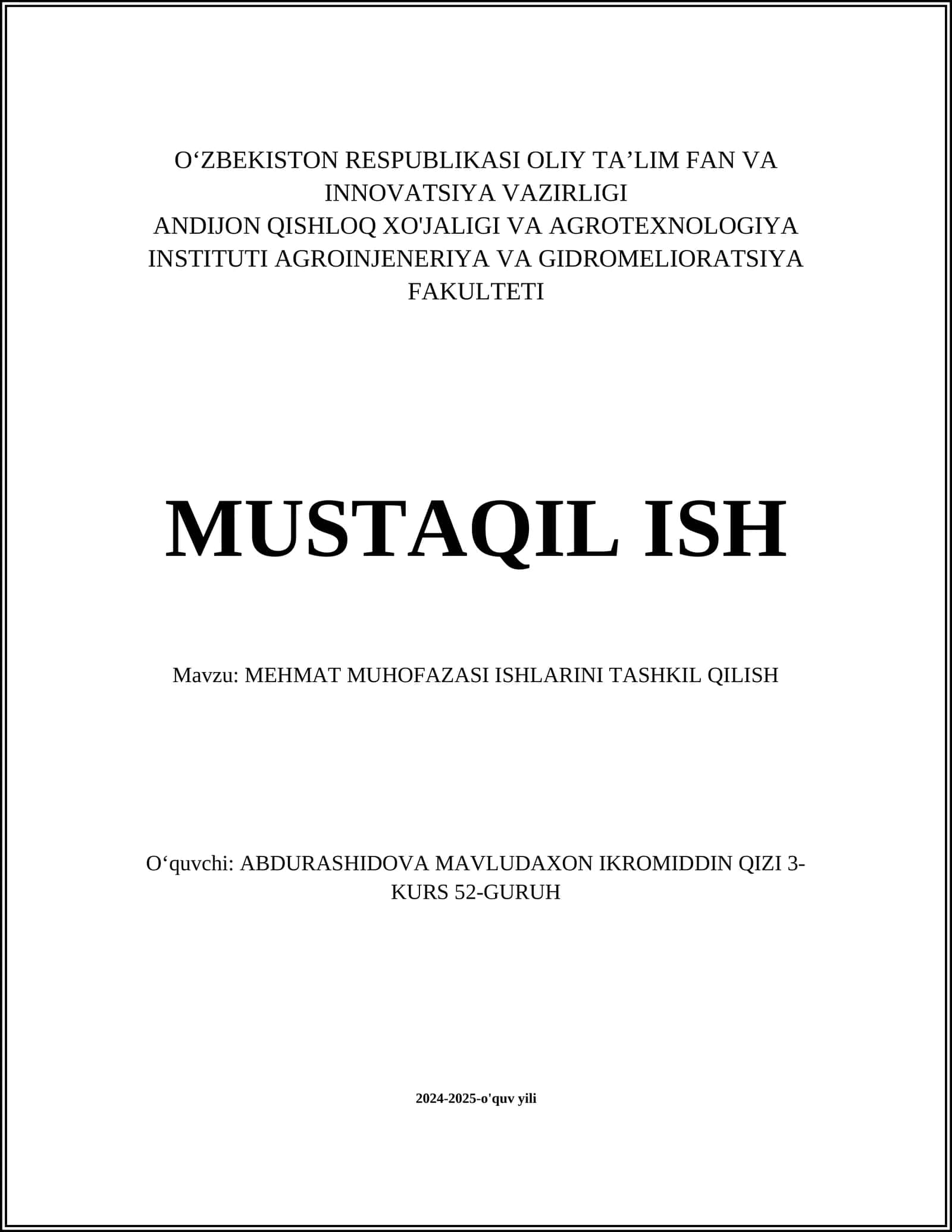 MEHMAT MUHOFAZASI ISHLARINI TASHKIL QILISH