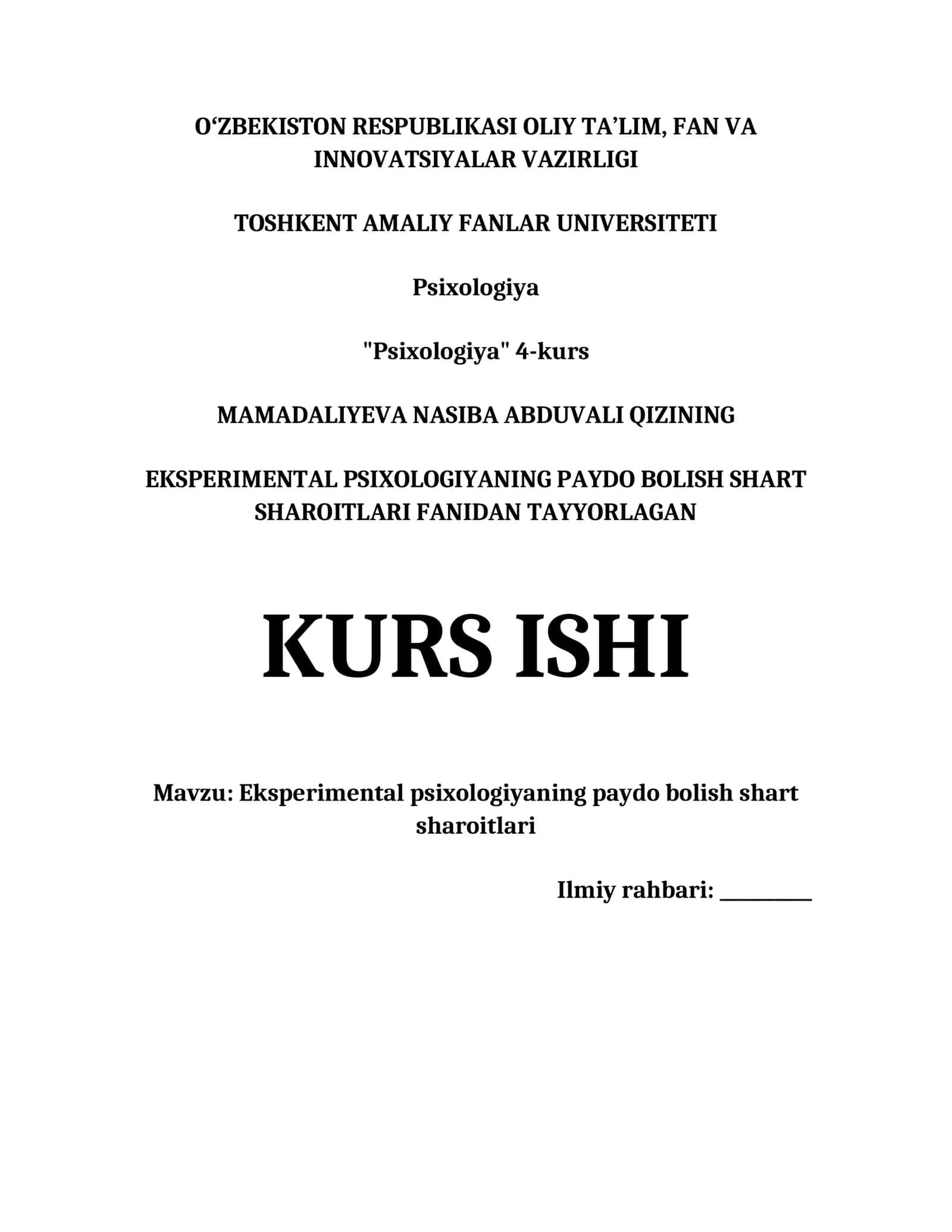 EKSPERIMENTAL PSIXOLOGIYANING PAYDO BOLISH SHART SHAROITLARI