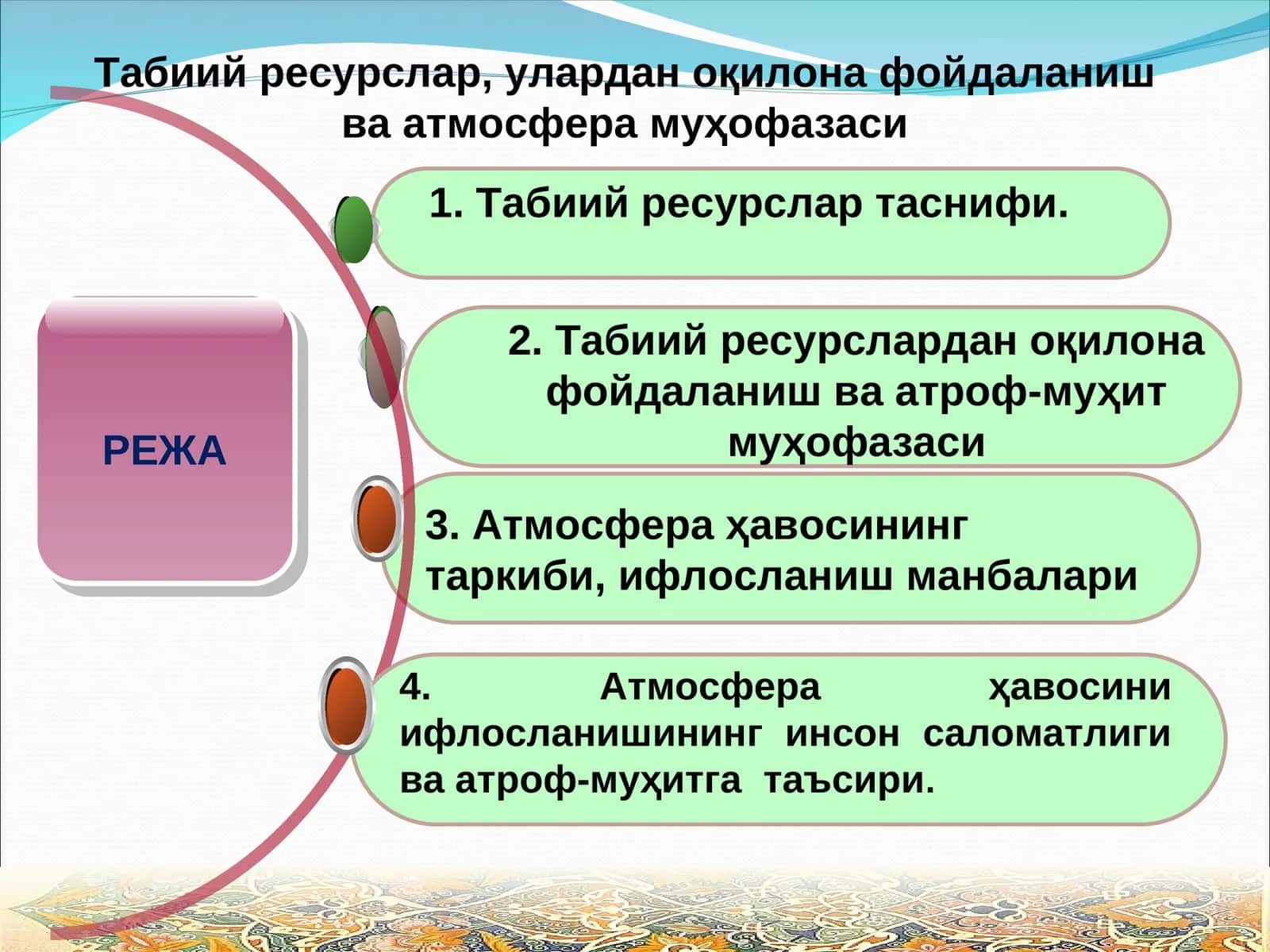 Табиий ресурслар, улардан оқилона фойдаланиш ва атмосфера муҳофазаси