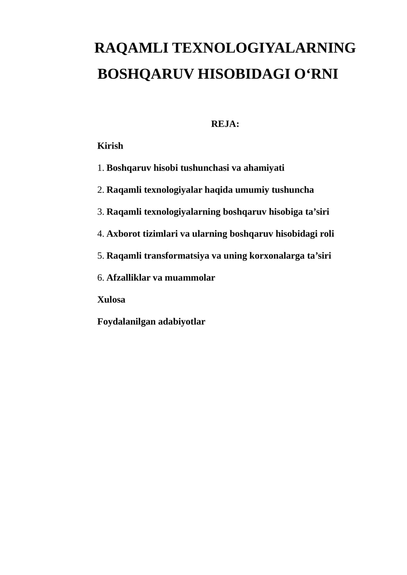 RAQAMLI TEXNOLOGIYALARNING BOSHQARUV HISOBIDAGI O‘RNI