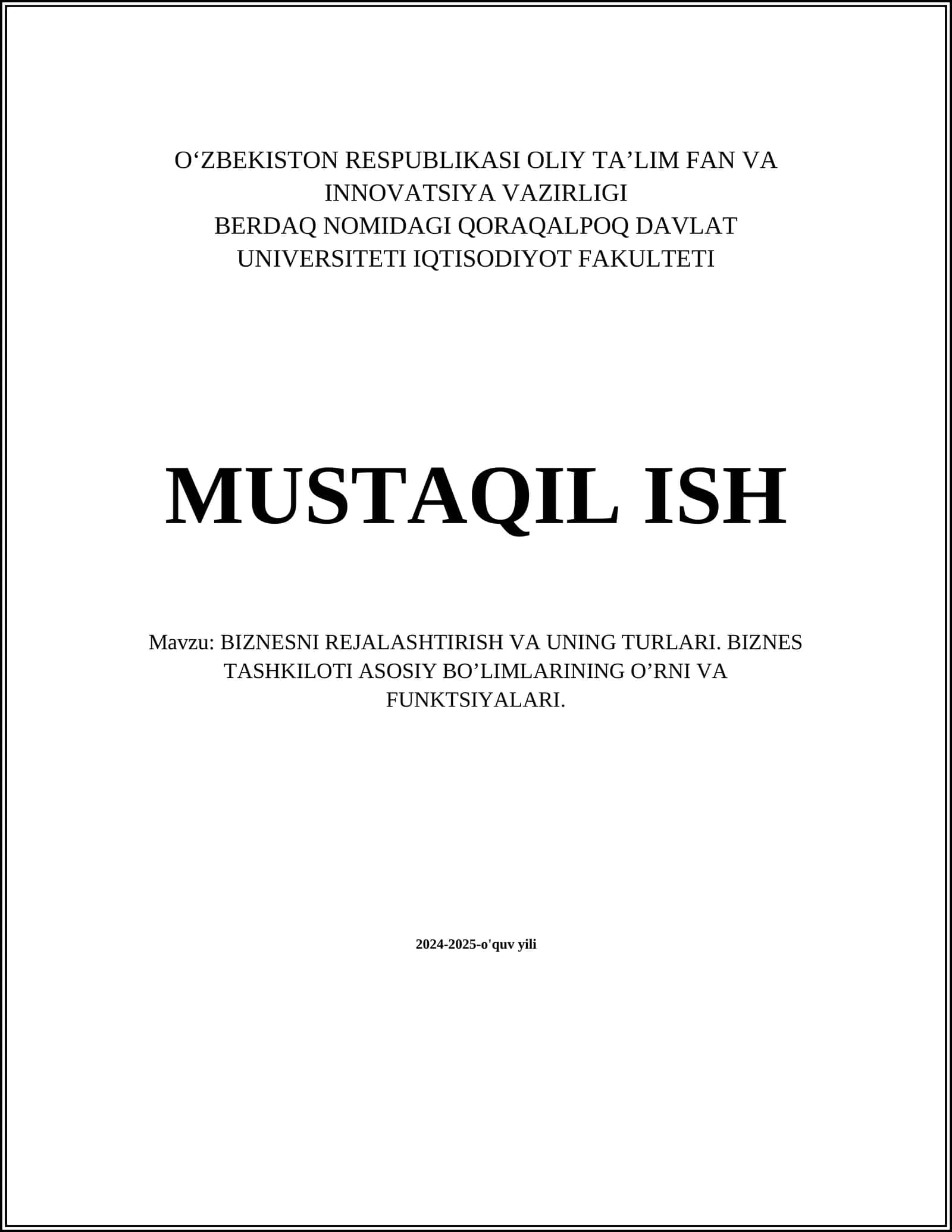BIZNESNI REJALASHTIRISH VA UNING TURLARI