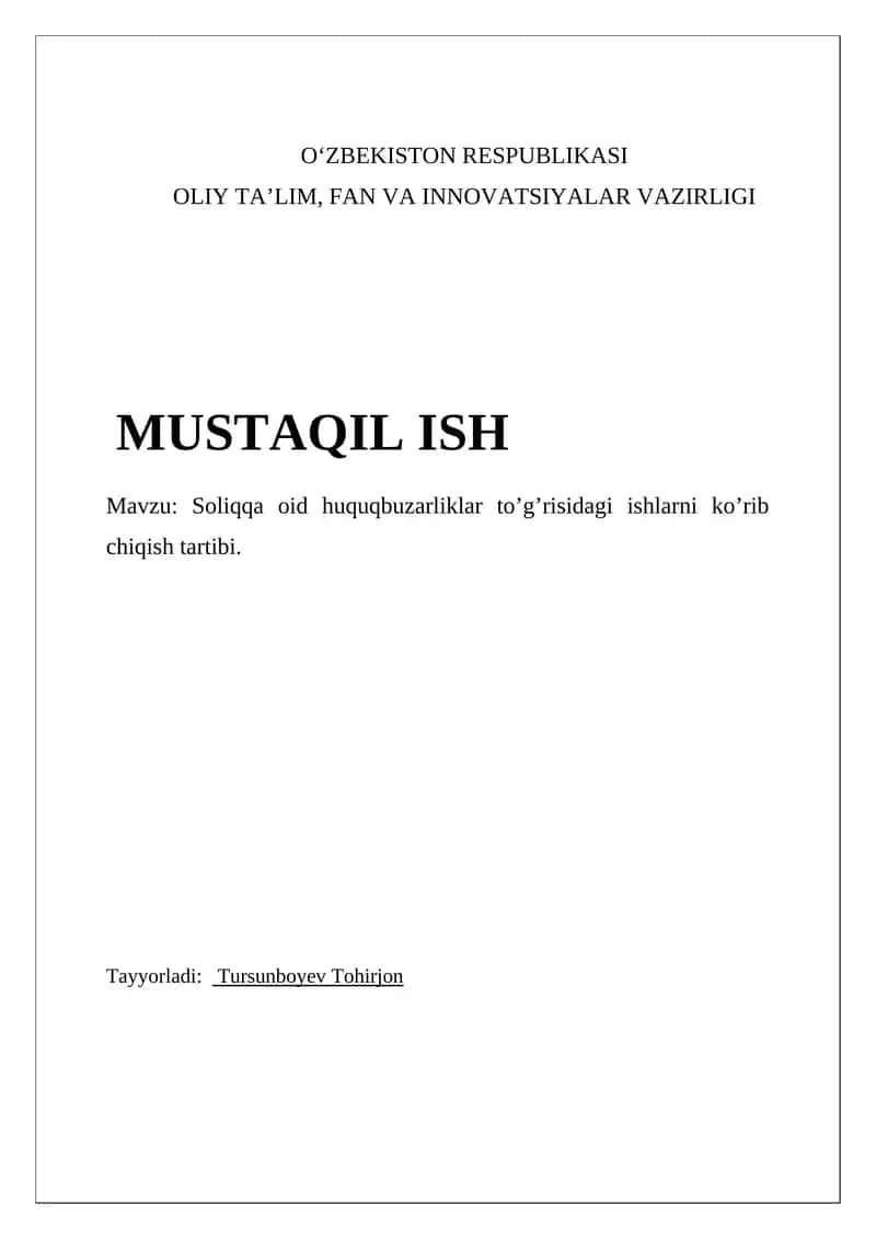 Soliqqa oid huquqbuzarliklar to’g’risidagi ishlarni ko’rib chiqish tartibi
