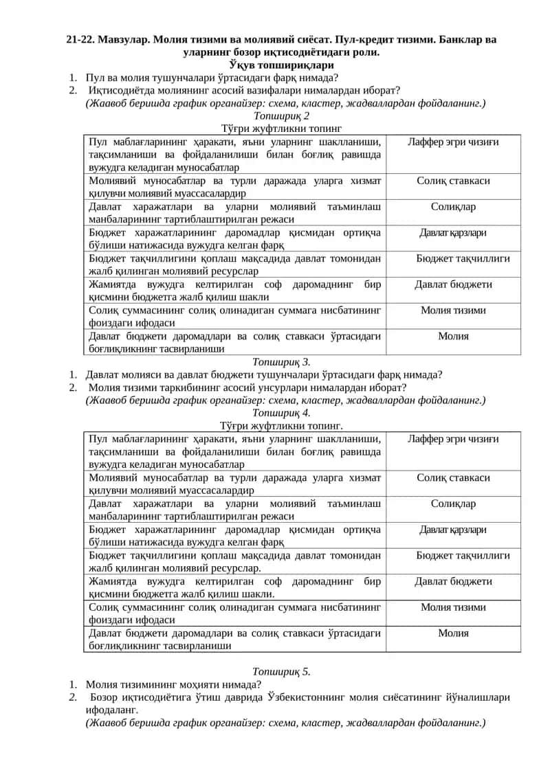 Молия тизими ва молиявий сиёсат