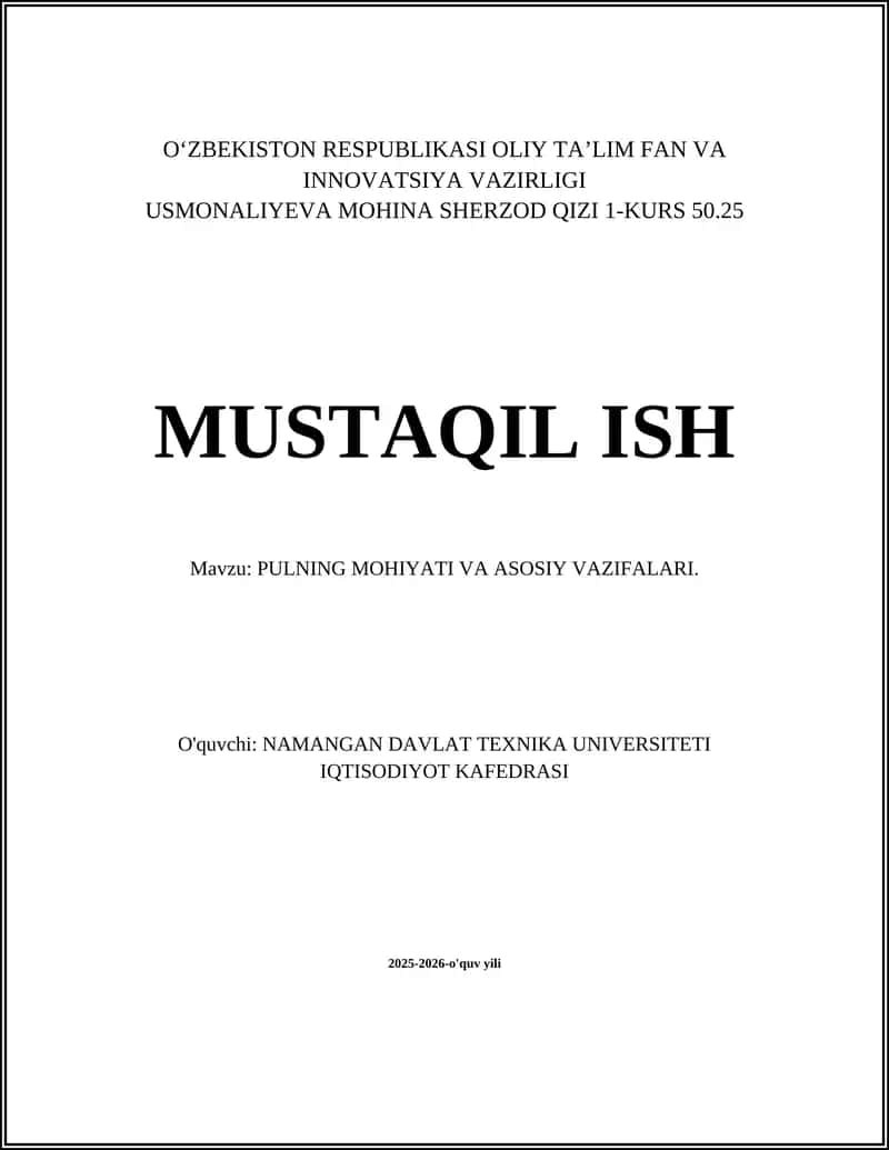 PULNING MOHIYATI VA ASOSIY VAZIFALARI