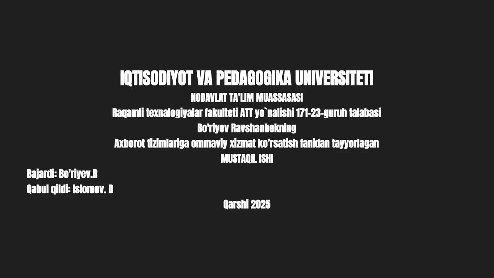 Raqamli texnalogiyalar fakulteti ATT yo`nalishi 171-23-guruh talabasi