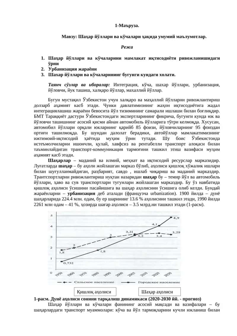 Шаҳар йўллари ва кўчалари ҳақида умумий маълумотлар
