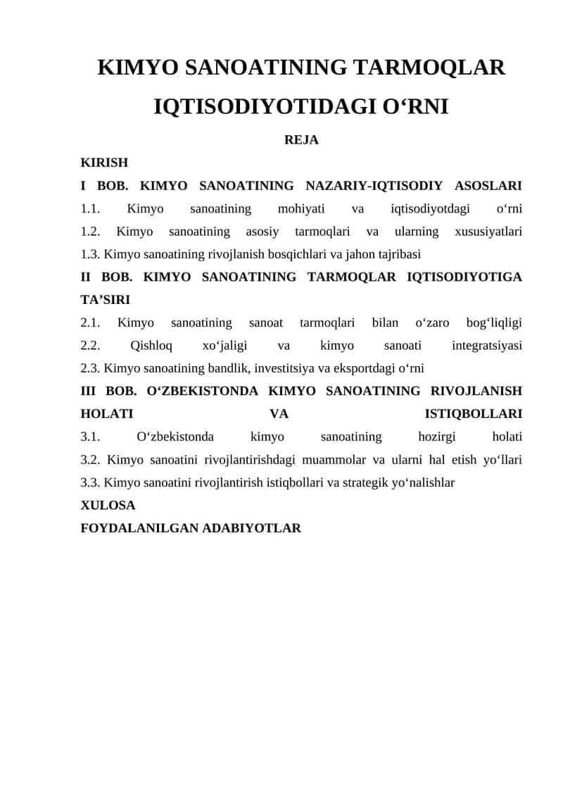 Kimyo Sanoating Tarmoqlar Iqtisodiyotidagi O‘rni