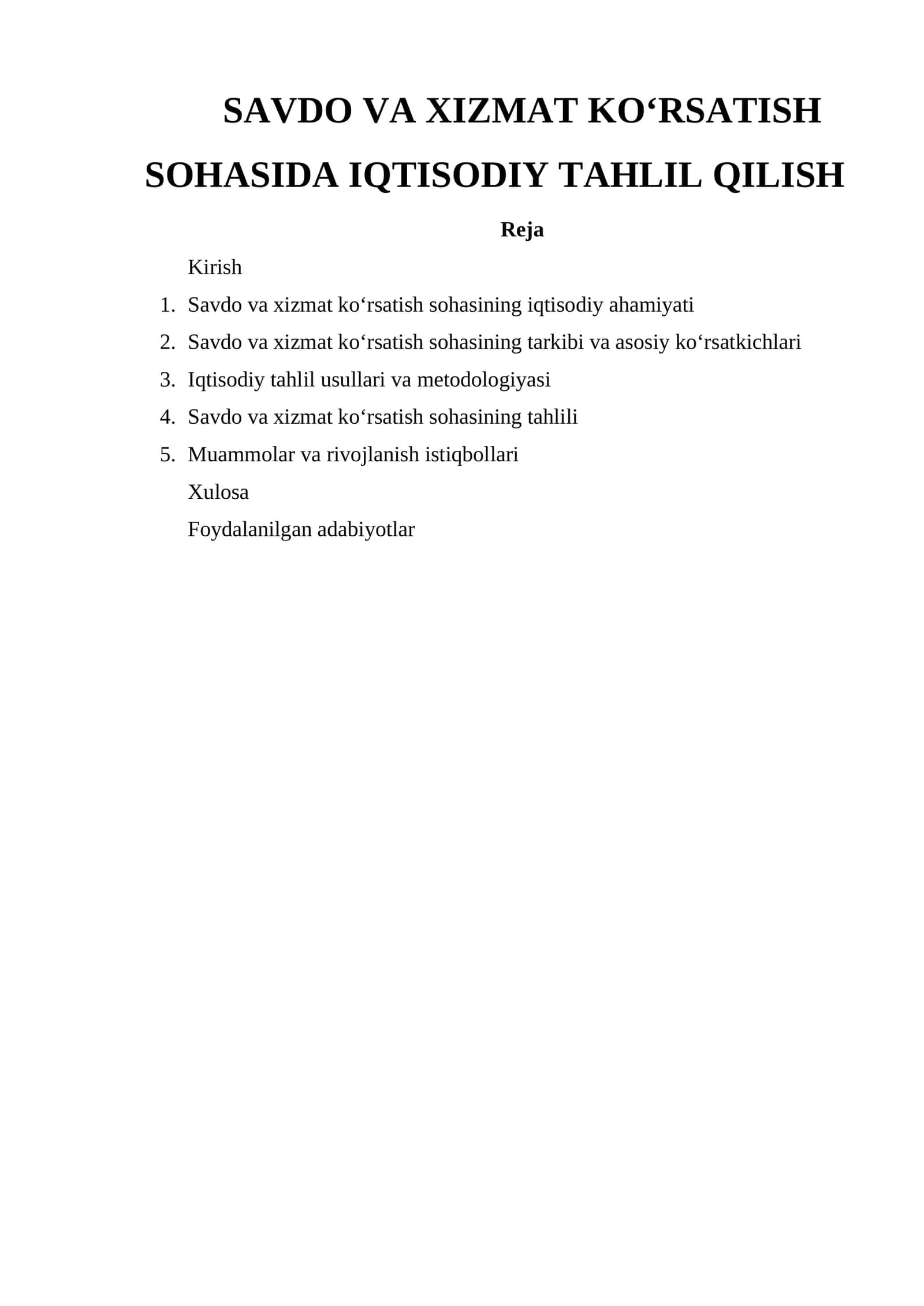 Savdo va Xizmat Ko'rsatish Sohasida Iqtisodiy Tahlil Qilish