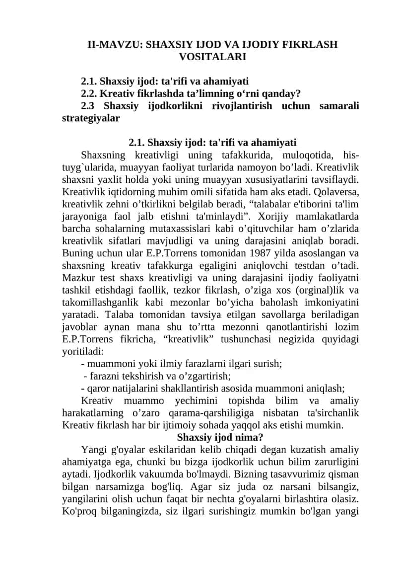 Shaxsiy Ijod va Ijodiy Fikrlash Vositalari