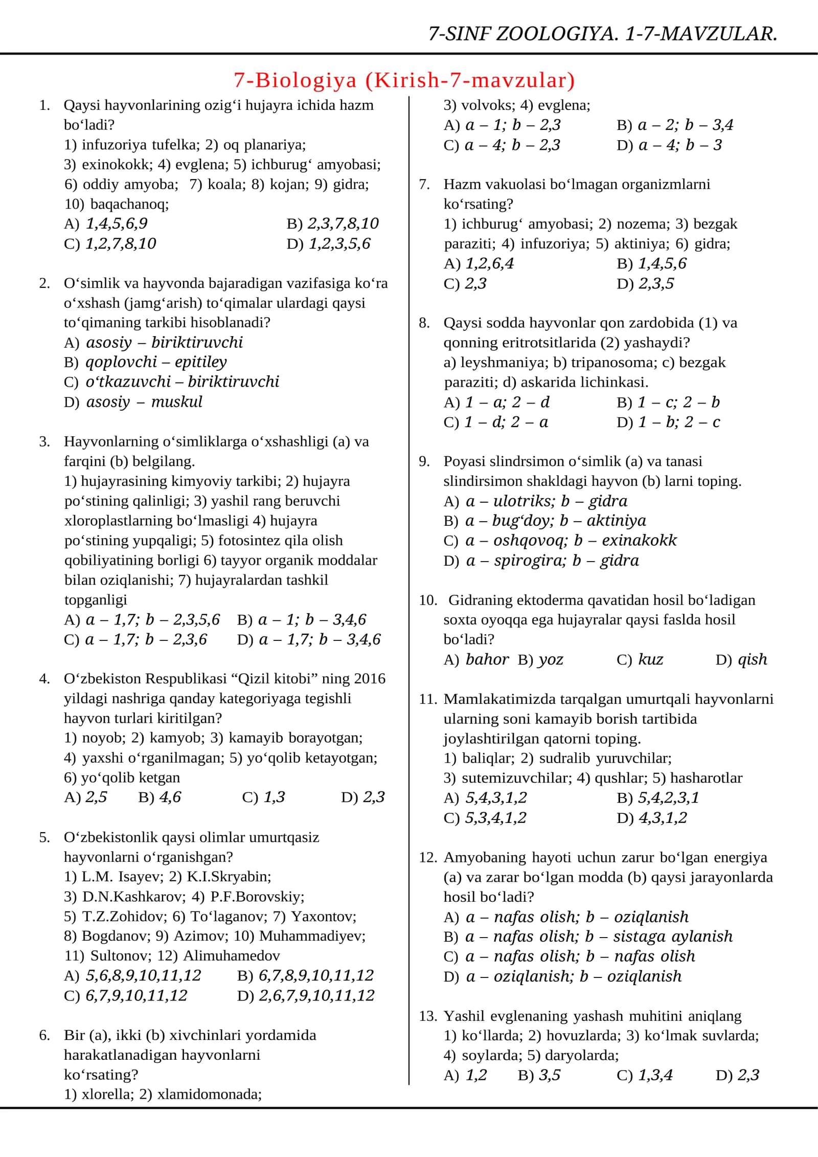 7-SINF ZOOLOGIYA. 1-7-MAVZULAR