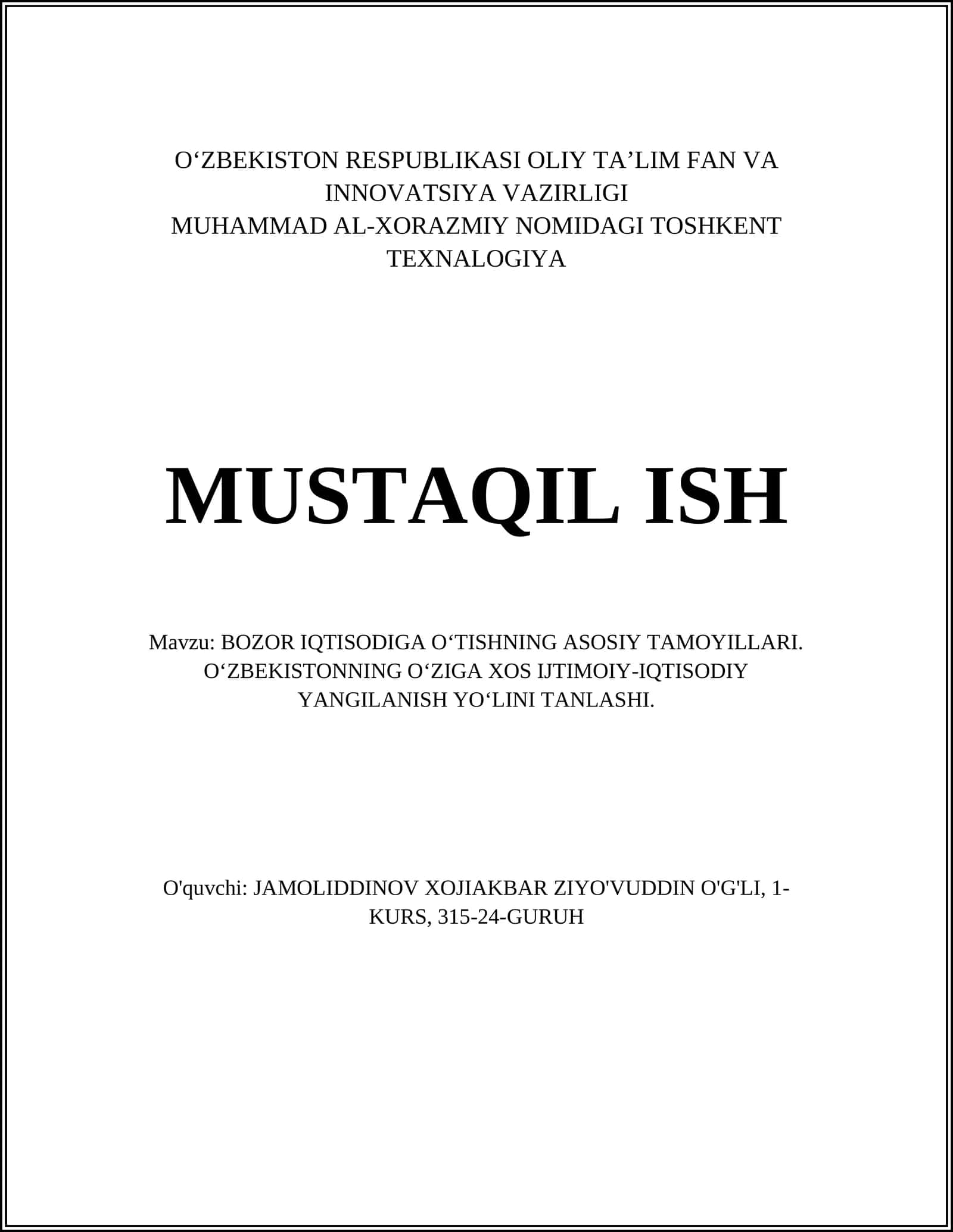 BOZOR IQTISODIGA O‘TISHNING ASOSIY TAMOYILLARI