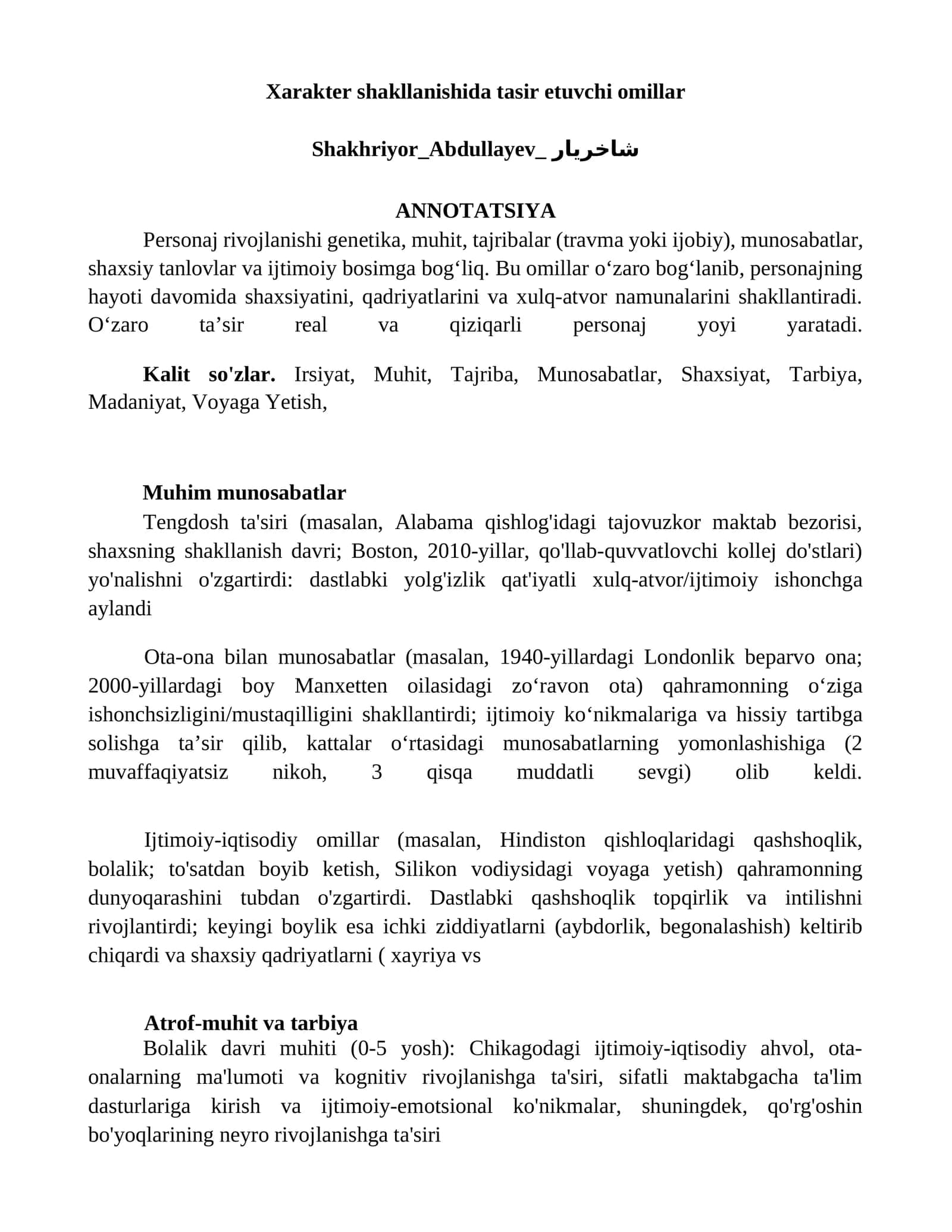 Xarakter shakllanishida tasir etuvchi omillar