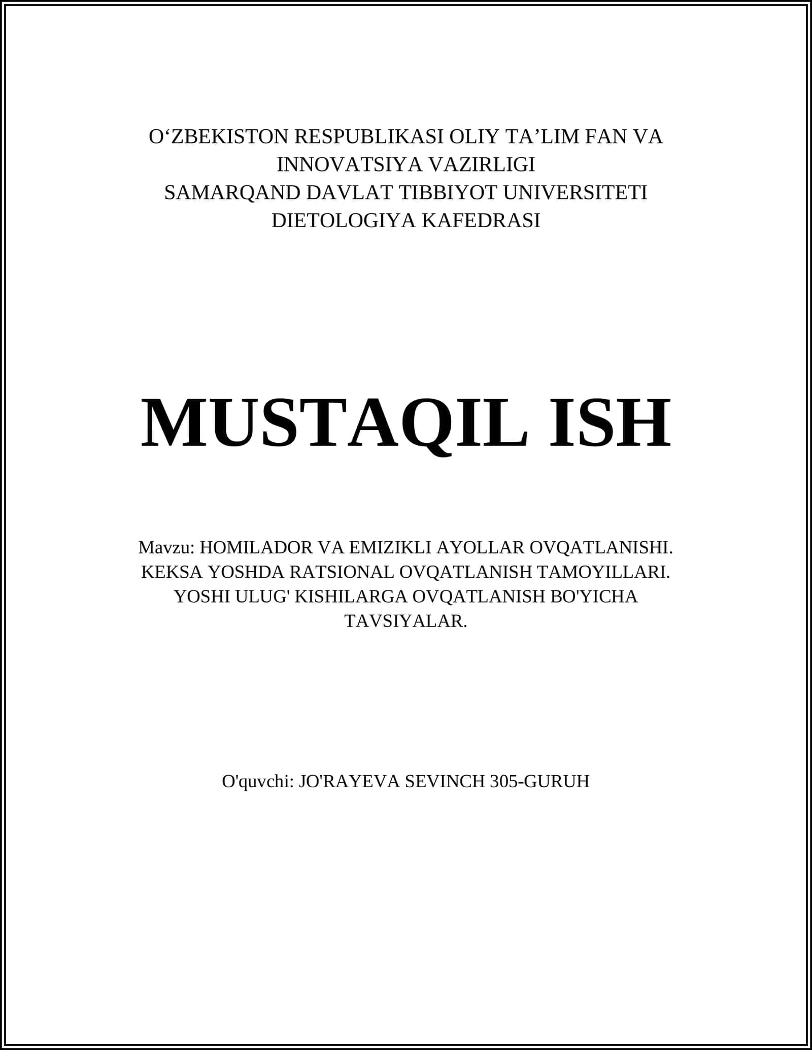 HOMILADOR VA EMIZIKLI AYOLLAR OVQATLANISHI