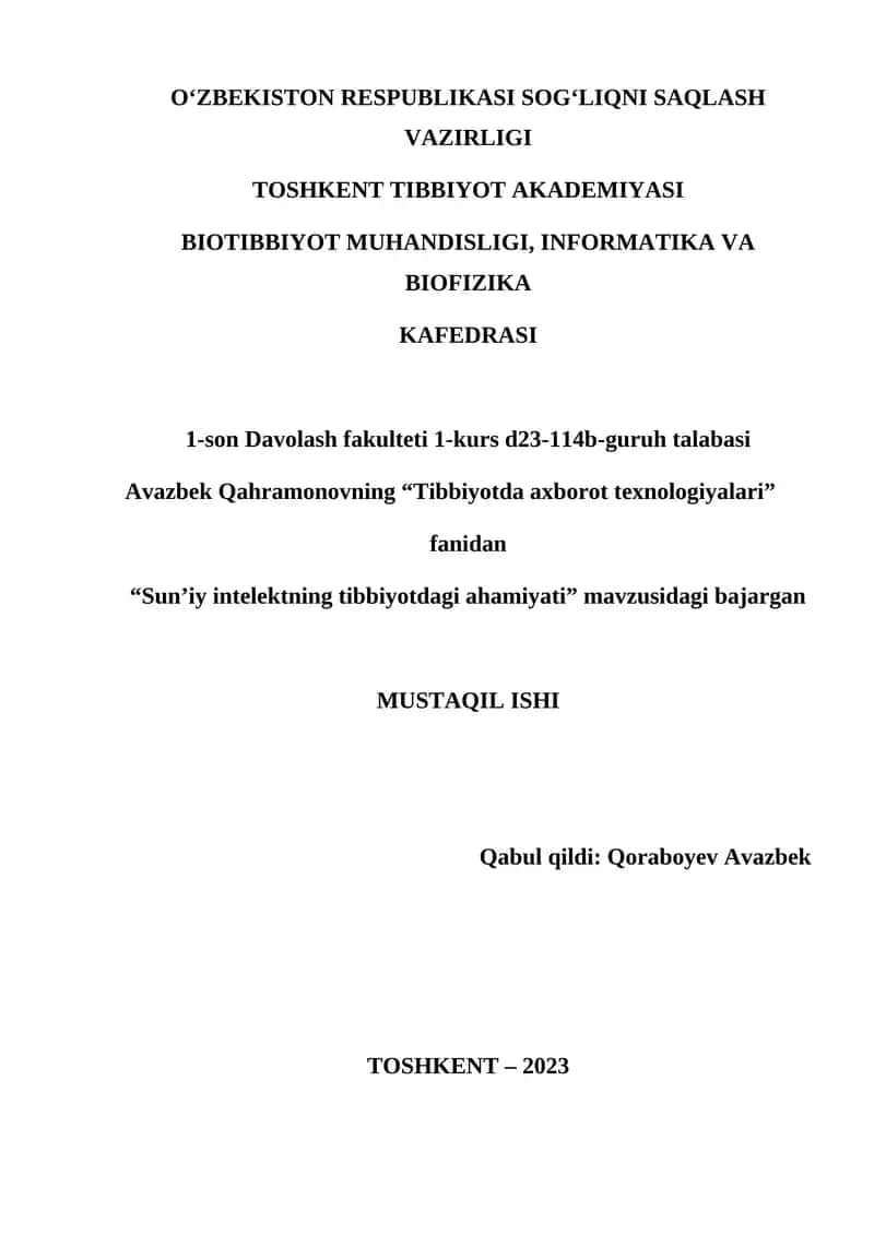 Sun’iy intelektning tibbiyotdagi ahamiyati