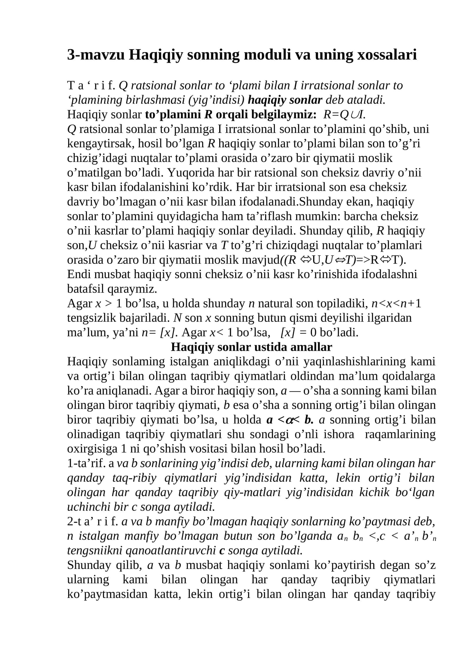 Haqiqiy sonning moduli va uning xossalari
