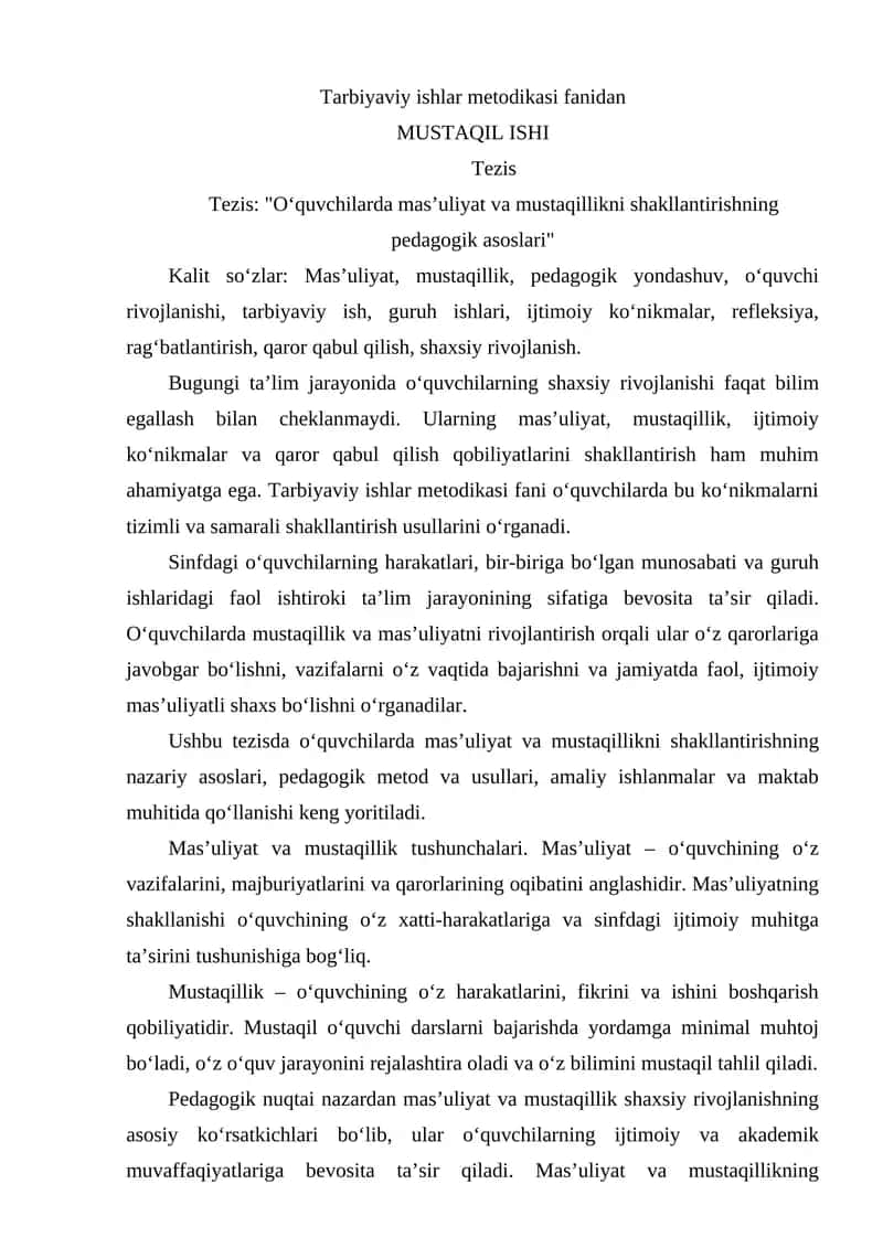 Tarbiyaviy ishlar metodikasi fanidan
