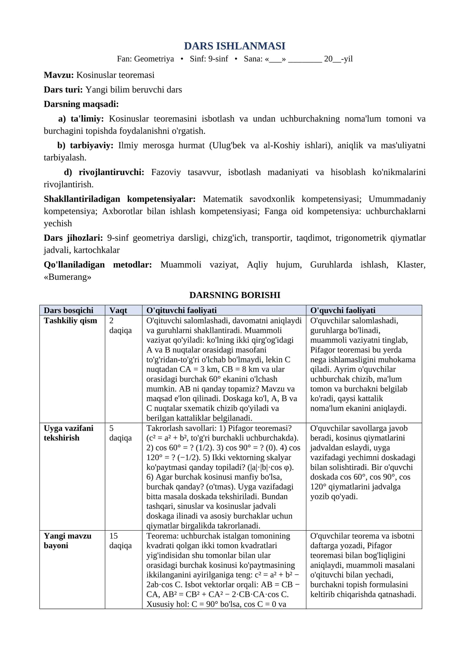 9 sinf Geometriya dars ishlanma Kosinuslar teoremasi