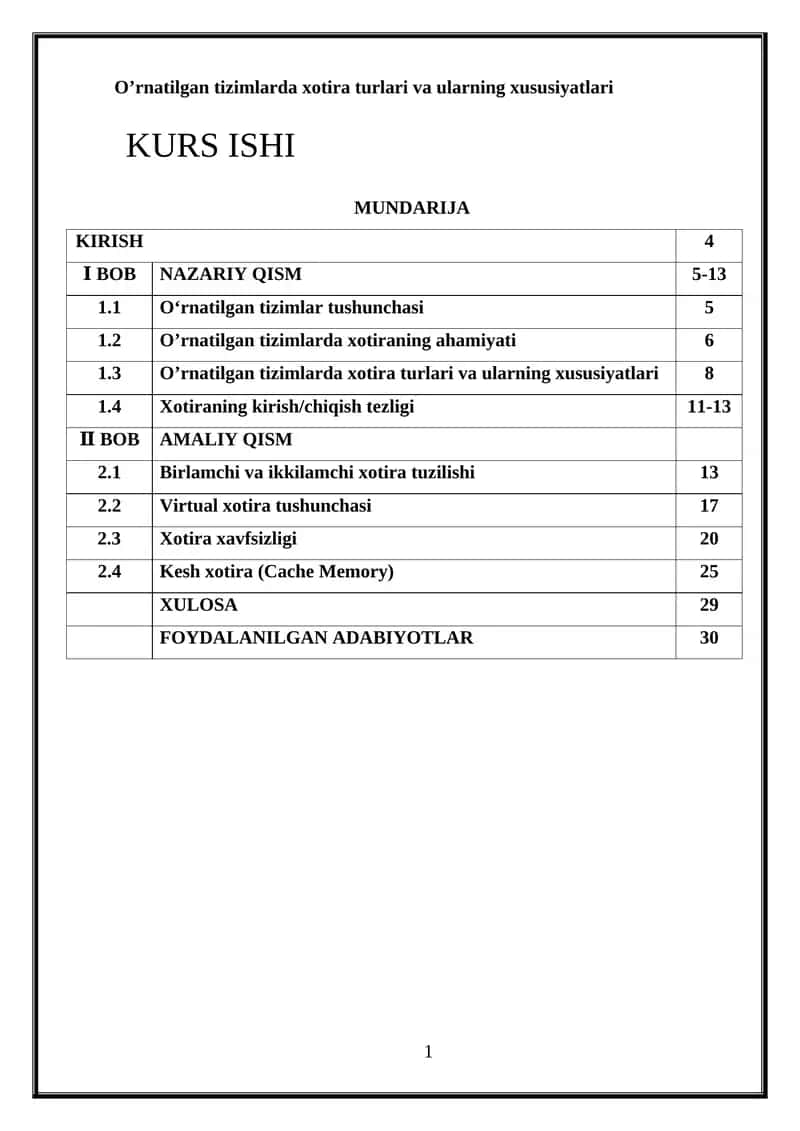 O’rnatilgan tizimlarda xotira turlari va ularning xususiyatlari