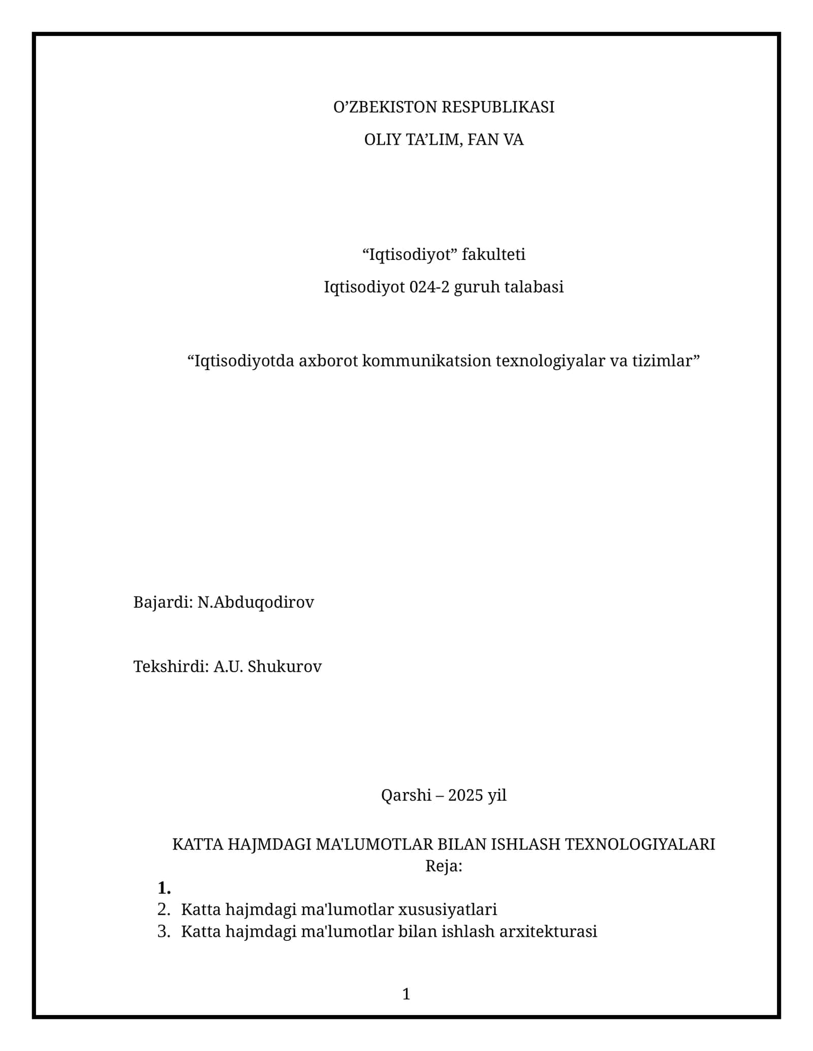 Katta hajmdagi ma'lumotlar bilan ishlash texnologiyalari