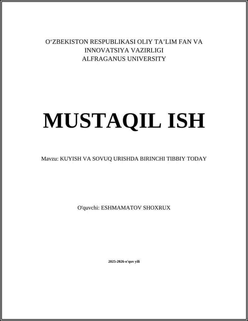 KUYISH VA SOVUQ URISHDA BIRINCHI TIBBIY TODAY