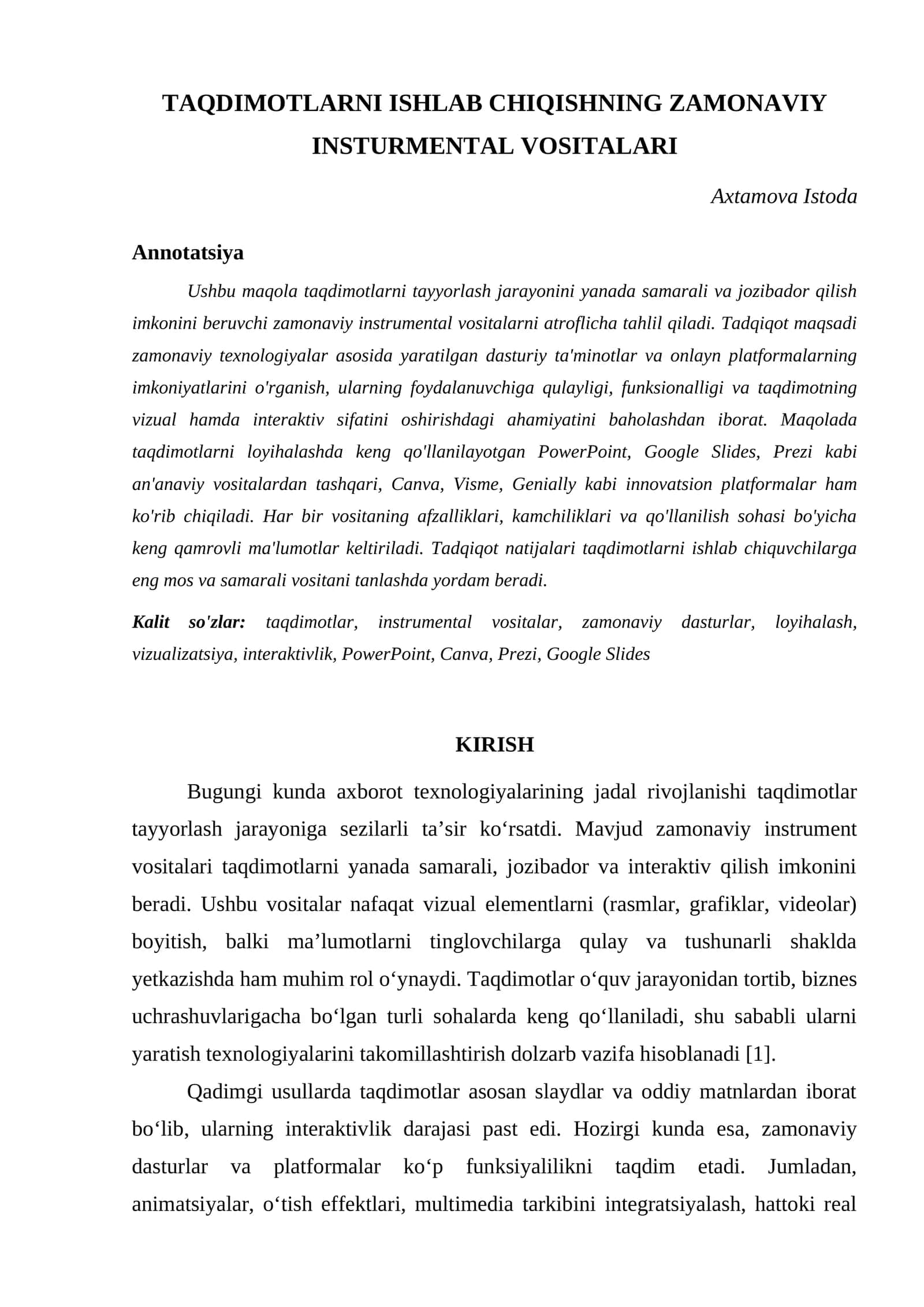 TAQDIMOTLARNI ISHLAB CHIQISHNING ZAMONAVIY INSTURMENTAL VOSITALARI