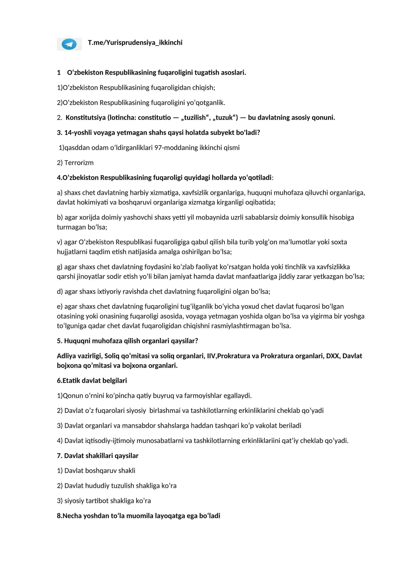 O‘zbekiston Respublikasining fuqaroligini tugatish asoslari