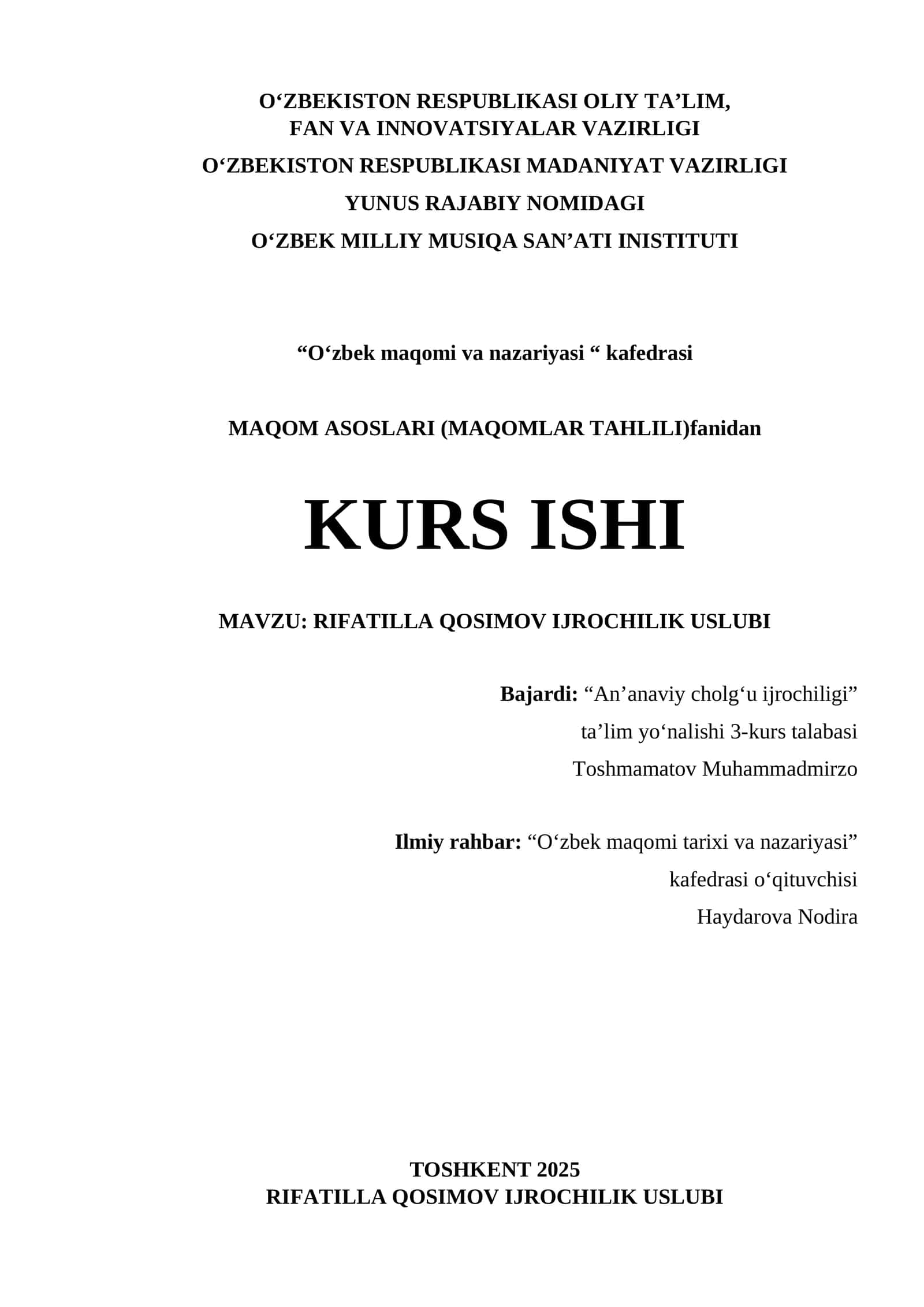 RIFATILLA QOSIMOV IJROCHILIK USLUBI