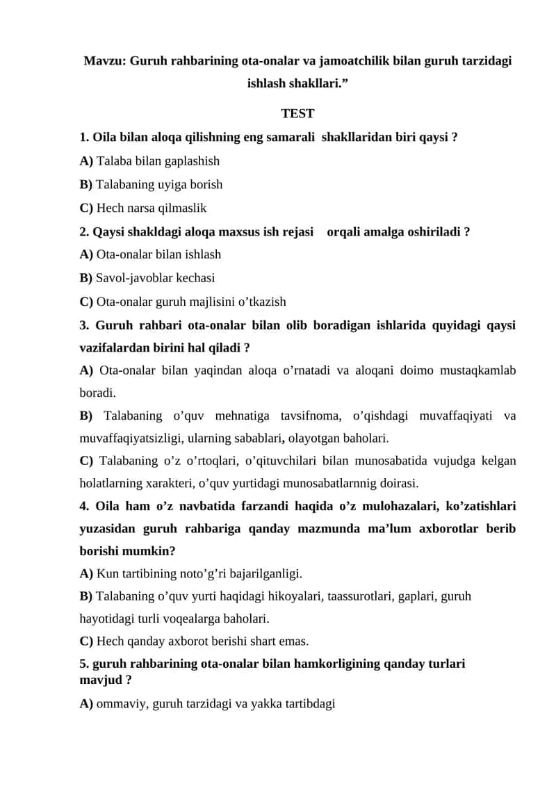 Guruh rahbarining ota-onalar va jamoatchilik bilan guruh tarzidagi ishlash shakllari.
