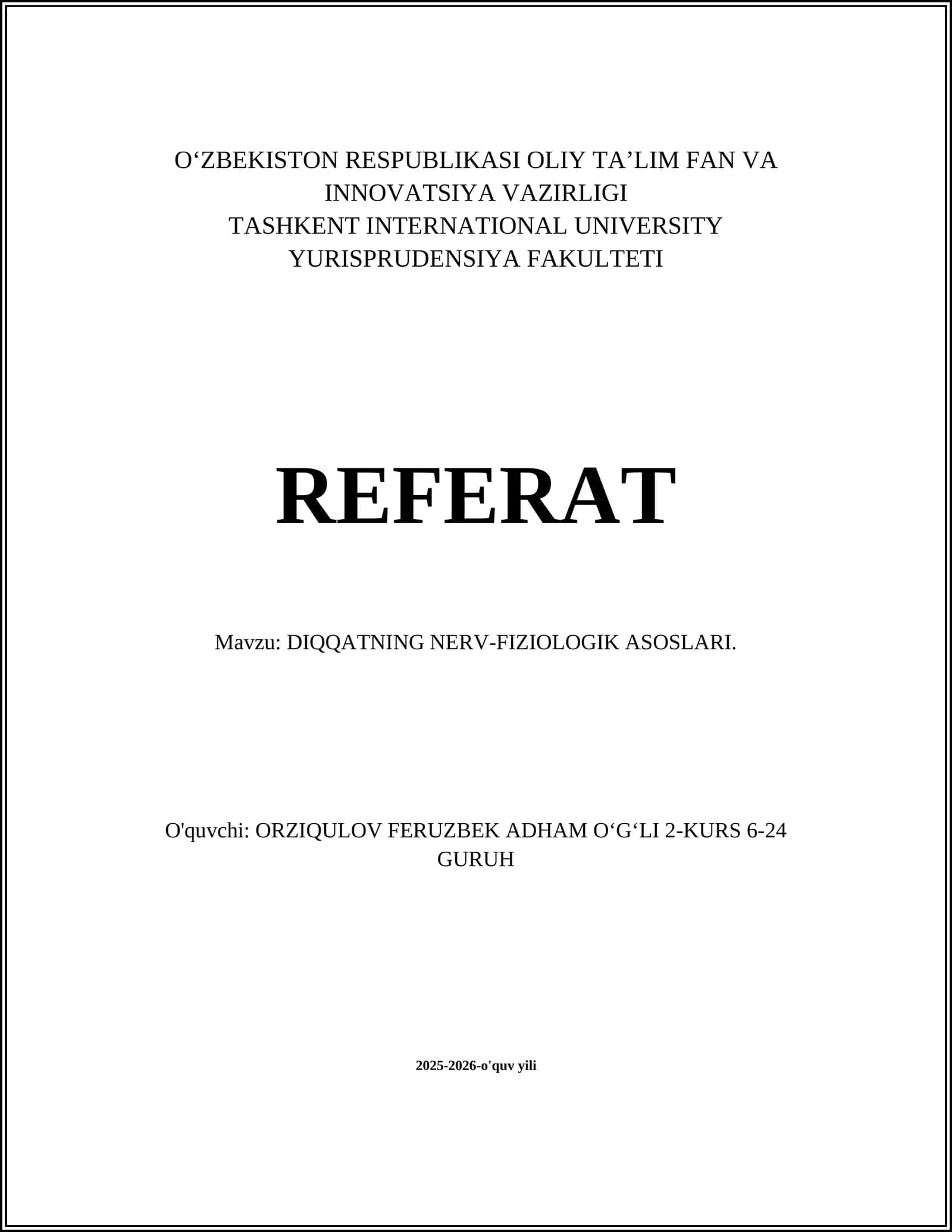 DIQQATNING NERV-FIZIOLOGIK ASOSLARI