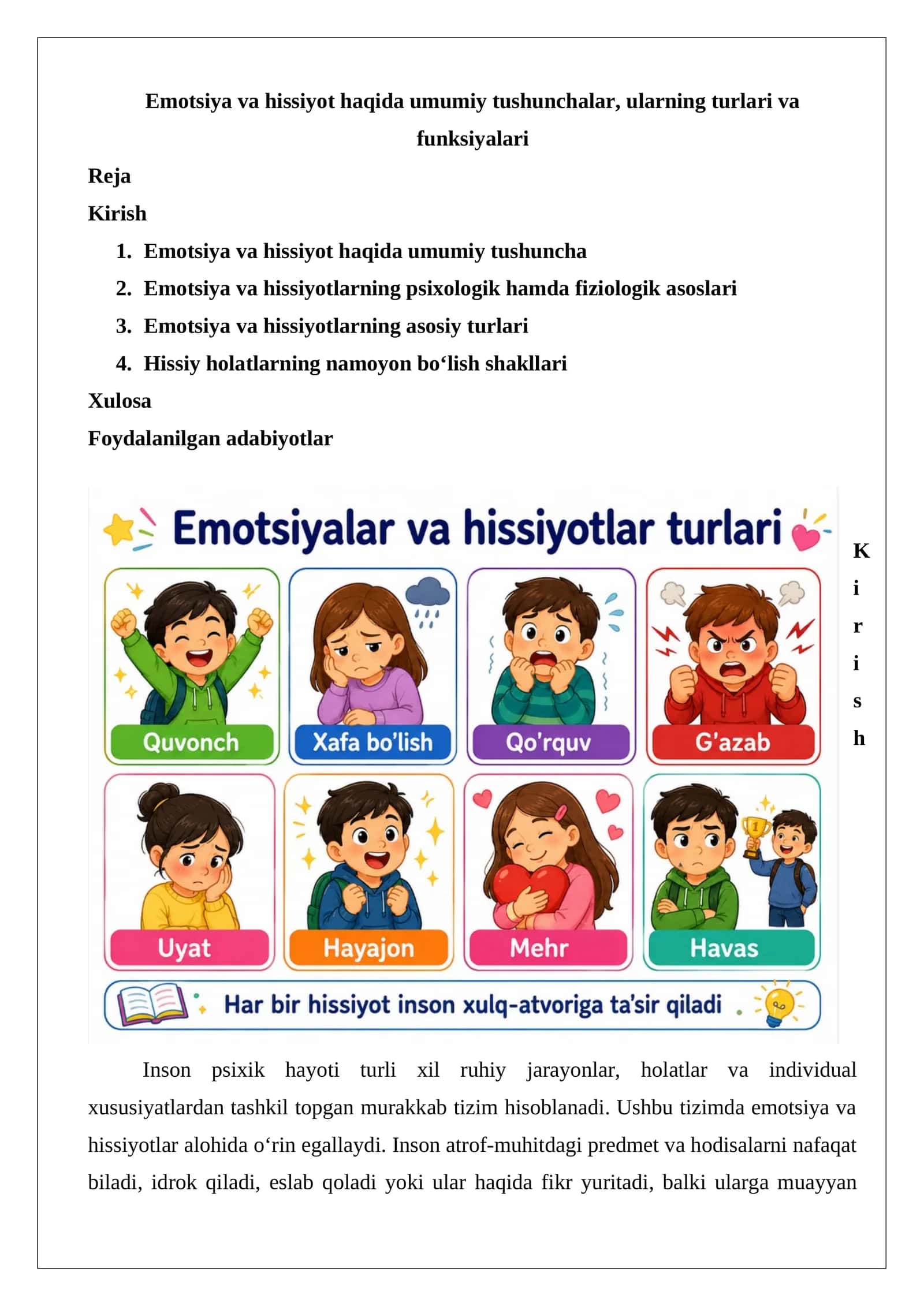 Emotsiya va hissiyot haqida umumiy tushunchalar,