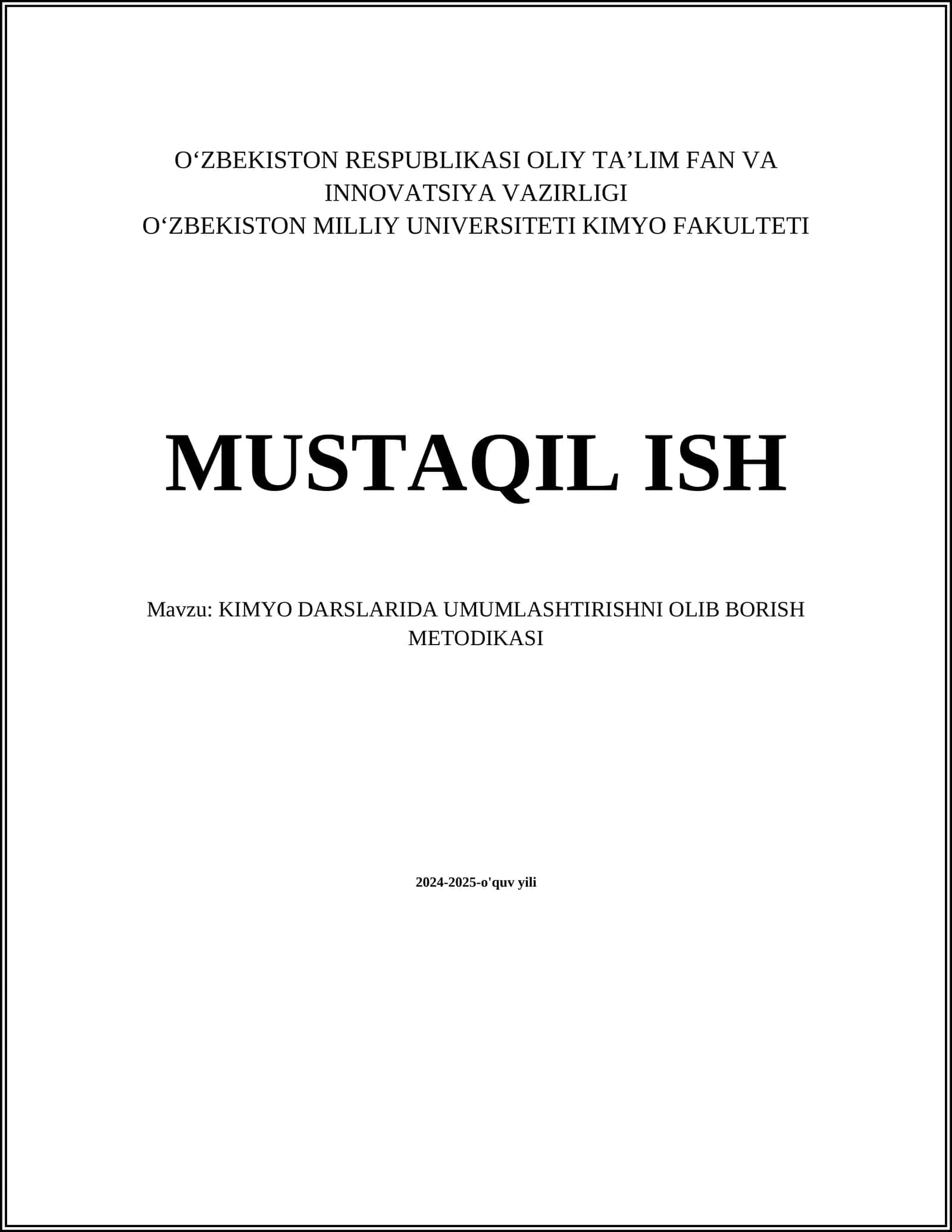 KIMYO DARSLARIDA UMUMLASHTIRISHNI OLIB BORISH METODIKASI