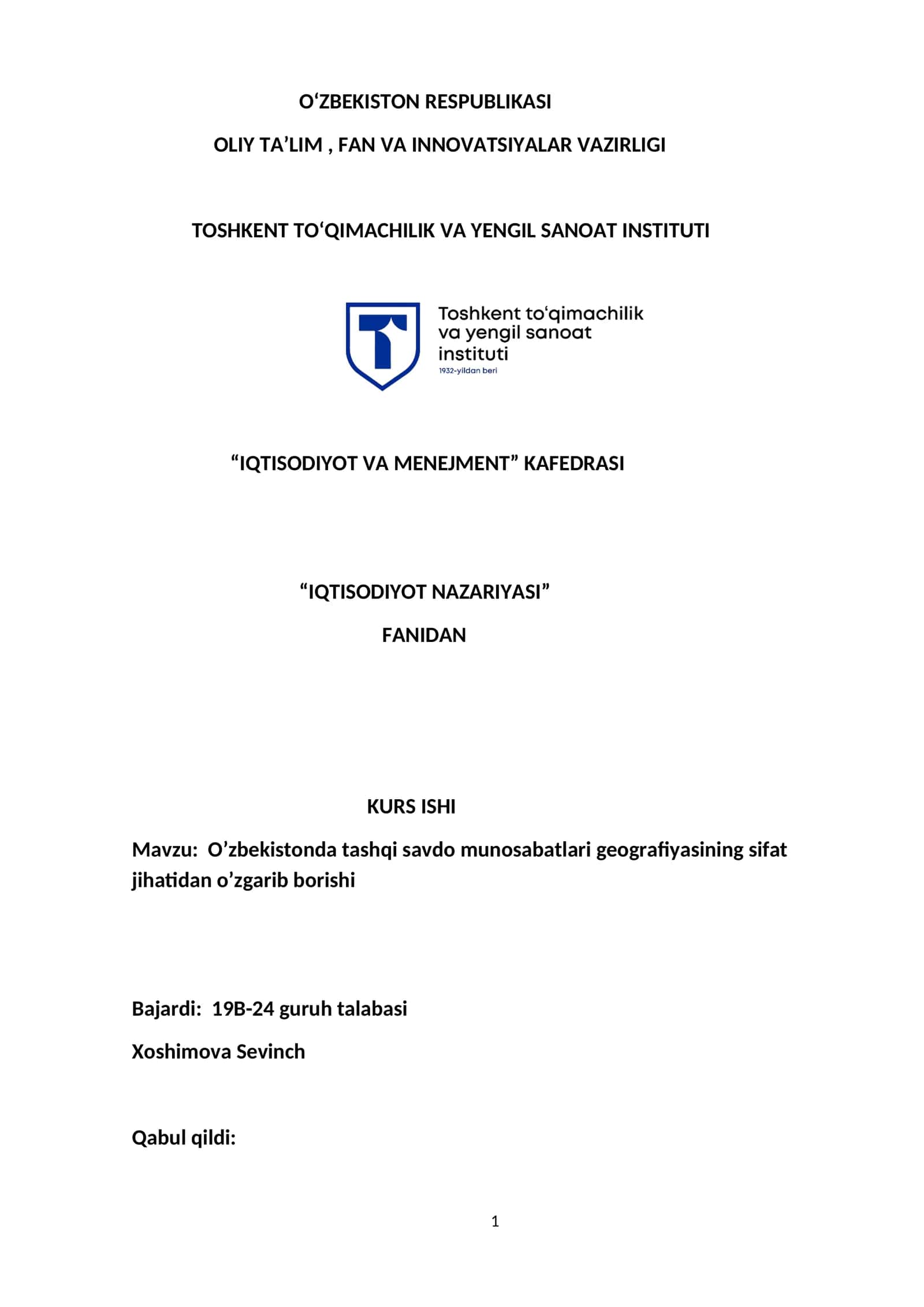O’zbekistonda tashqi savdo munosabatlari geografiyasining sifat jihatidan o’zgarib borishi