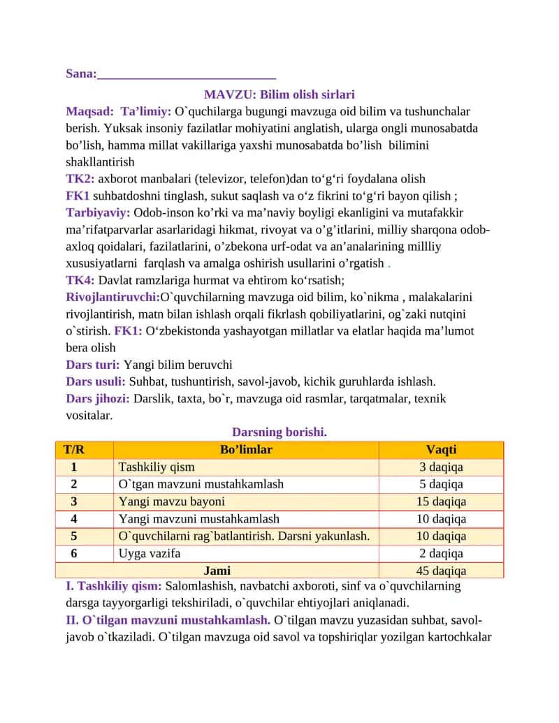 1-sinf Tarbiya Bilim olish sirlari dars ishlanma