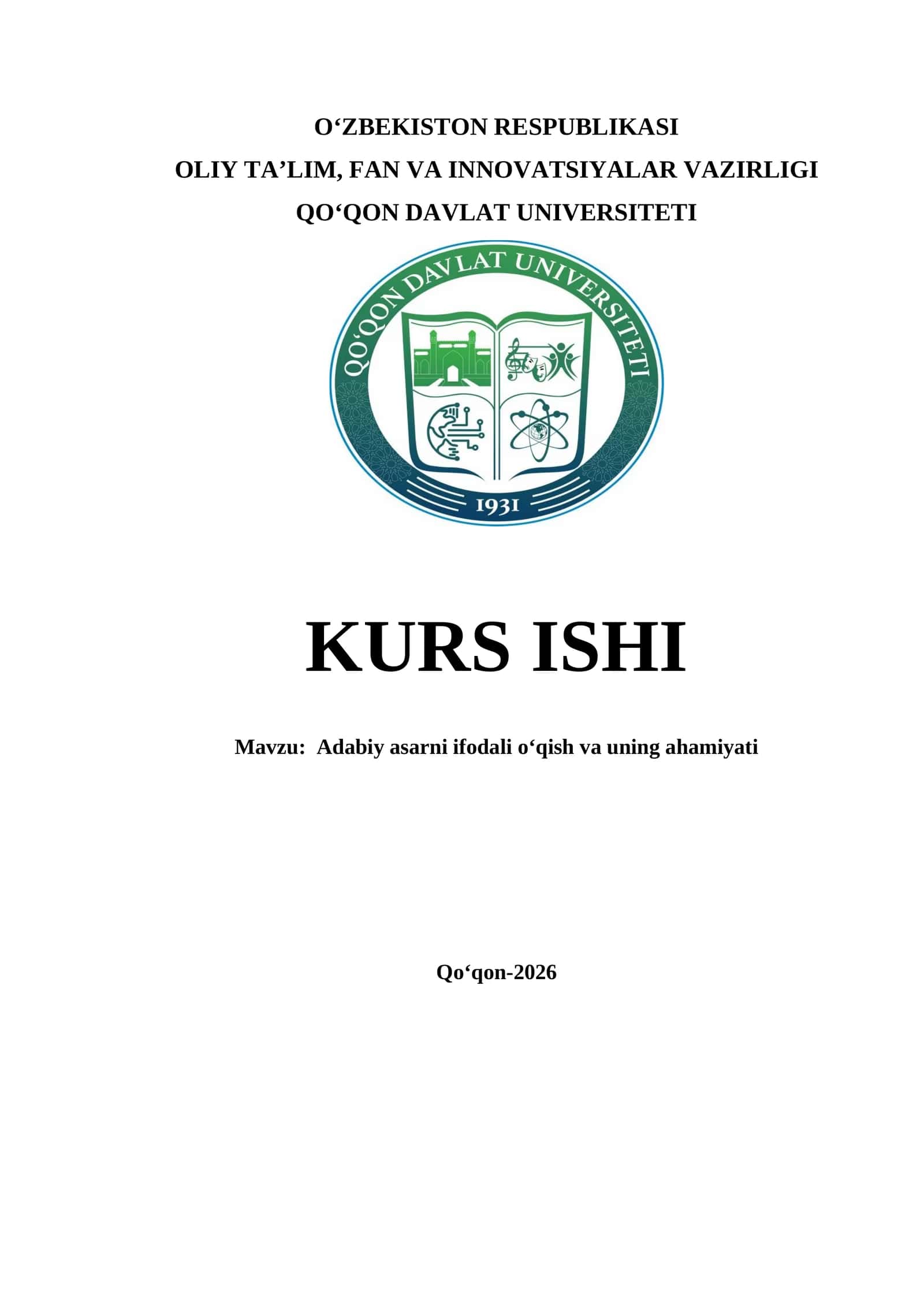 Adabiy asarni ifodali o‘qish va uning ahamiyati kurs ishi