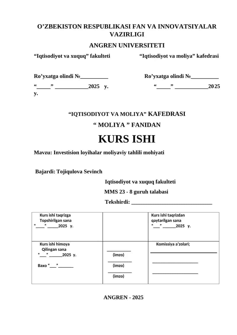 Investision loyihalar moliyaviy tahlili mohiyati