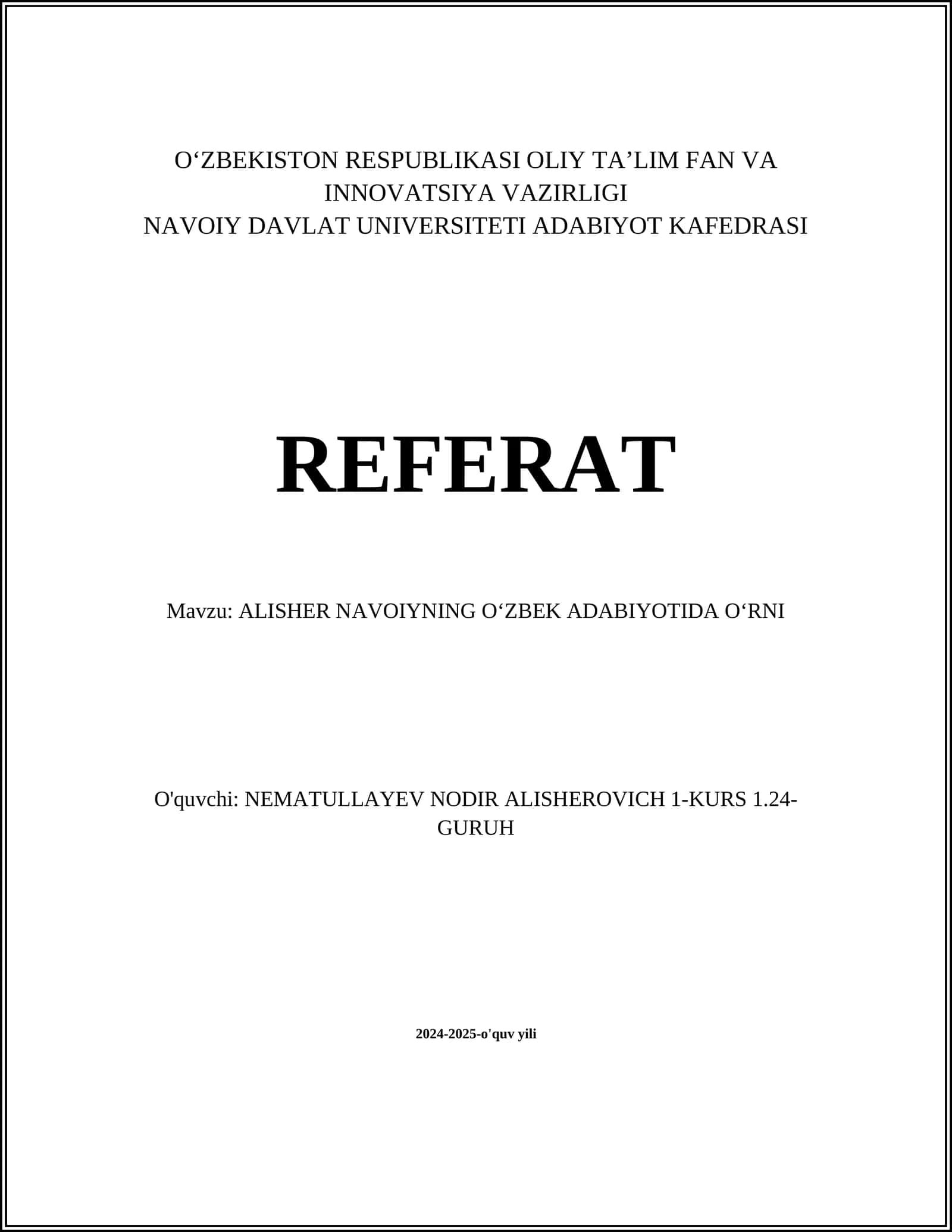 ALISHER NAVOIYNING OʻZBEK ADABIYOTIDA OʻRNI
