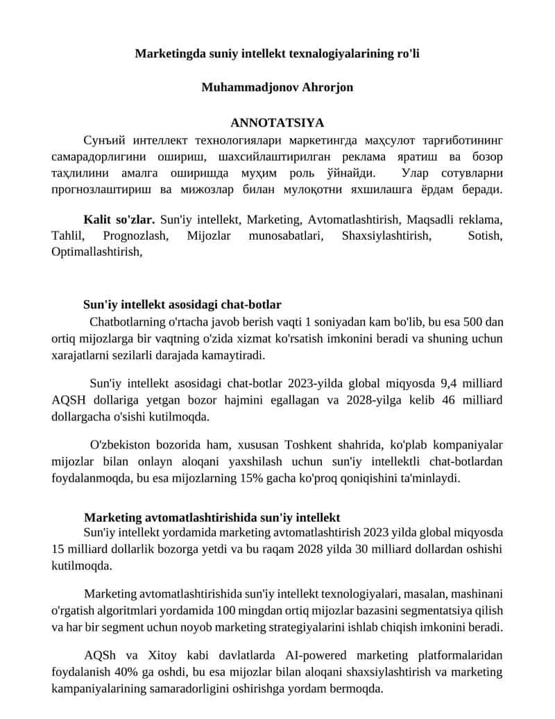 Sun'iy intellekt texnologiyalarining ro'li