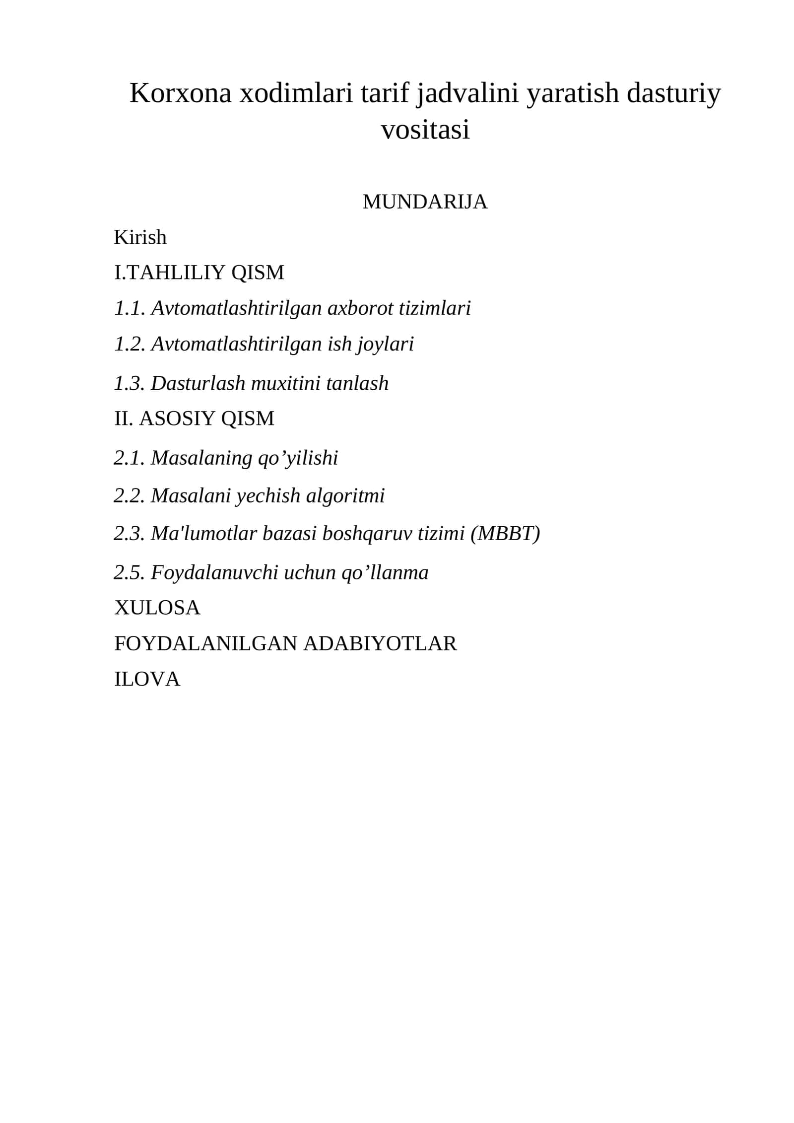 Korxona xodimlari tarif jadvalini yaratish dasturiy vositasi