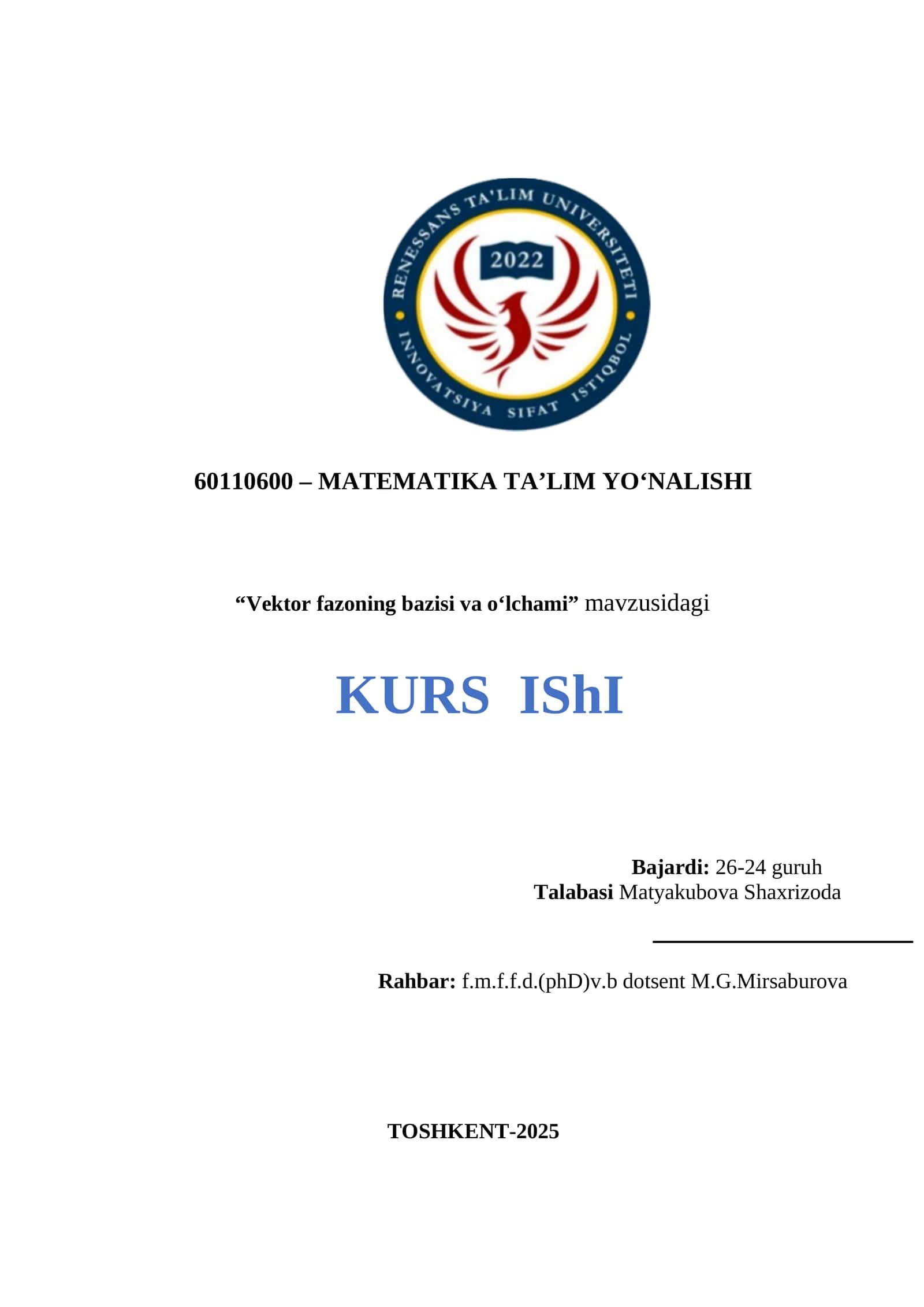 Vektor fazoning bazisi va oʻlchami kurs ishi