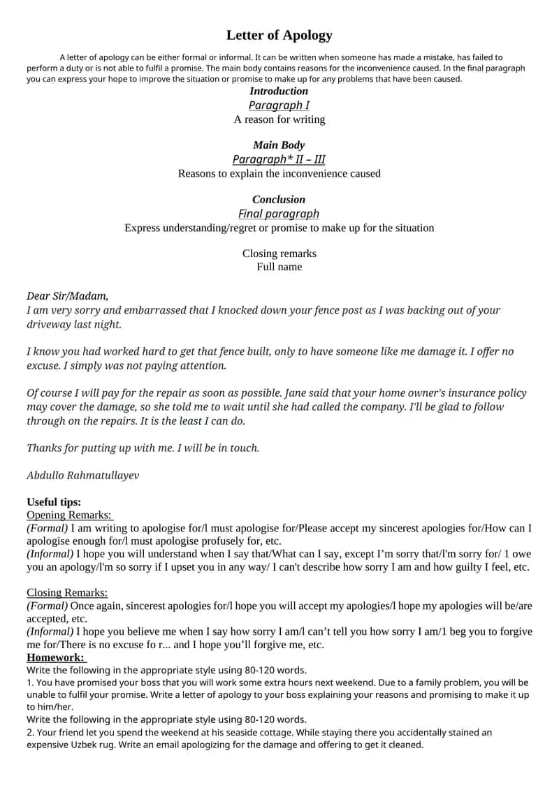 Letter of Apology