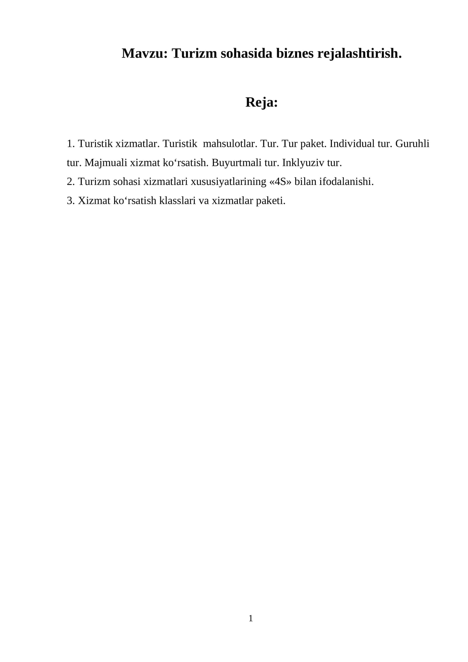 Turizm sohasida biznes rejalashtirish