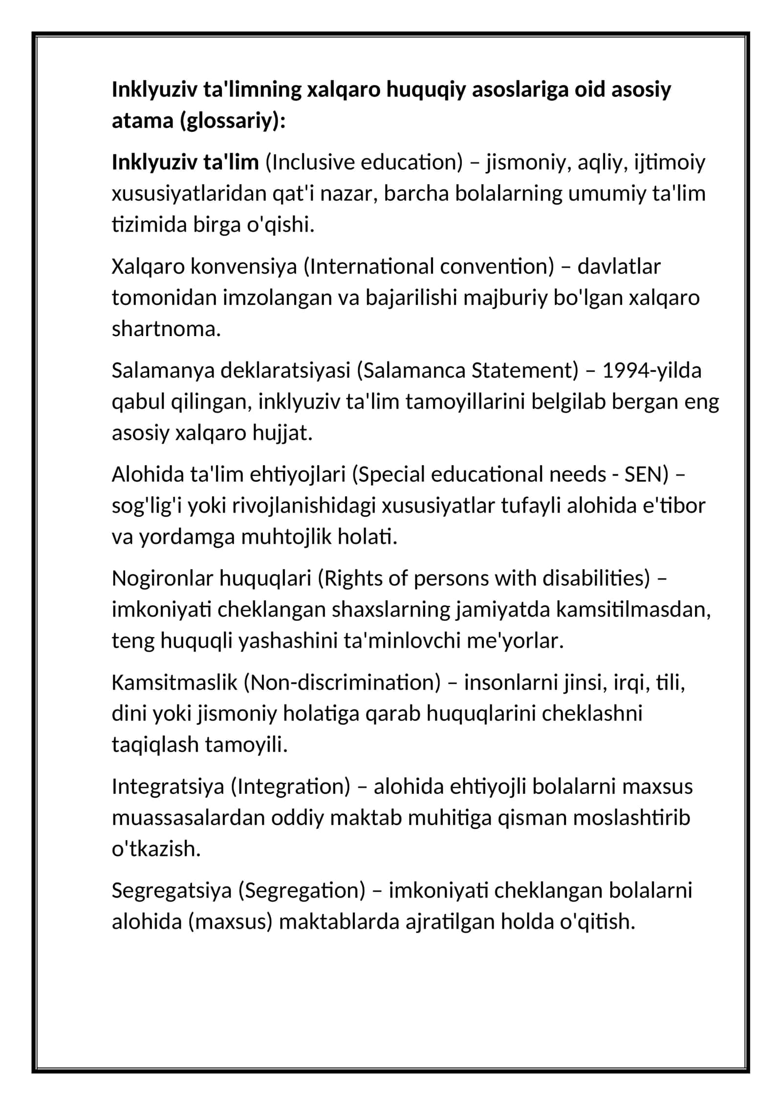 inklyuziv talimning xalqaro