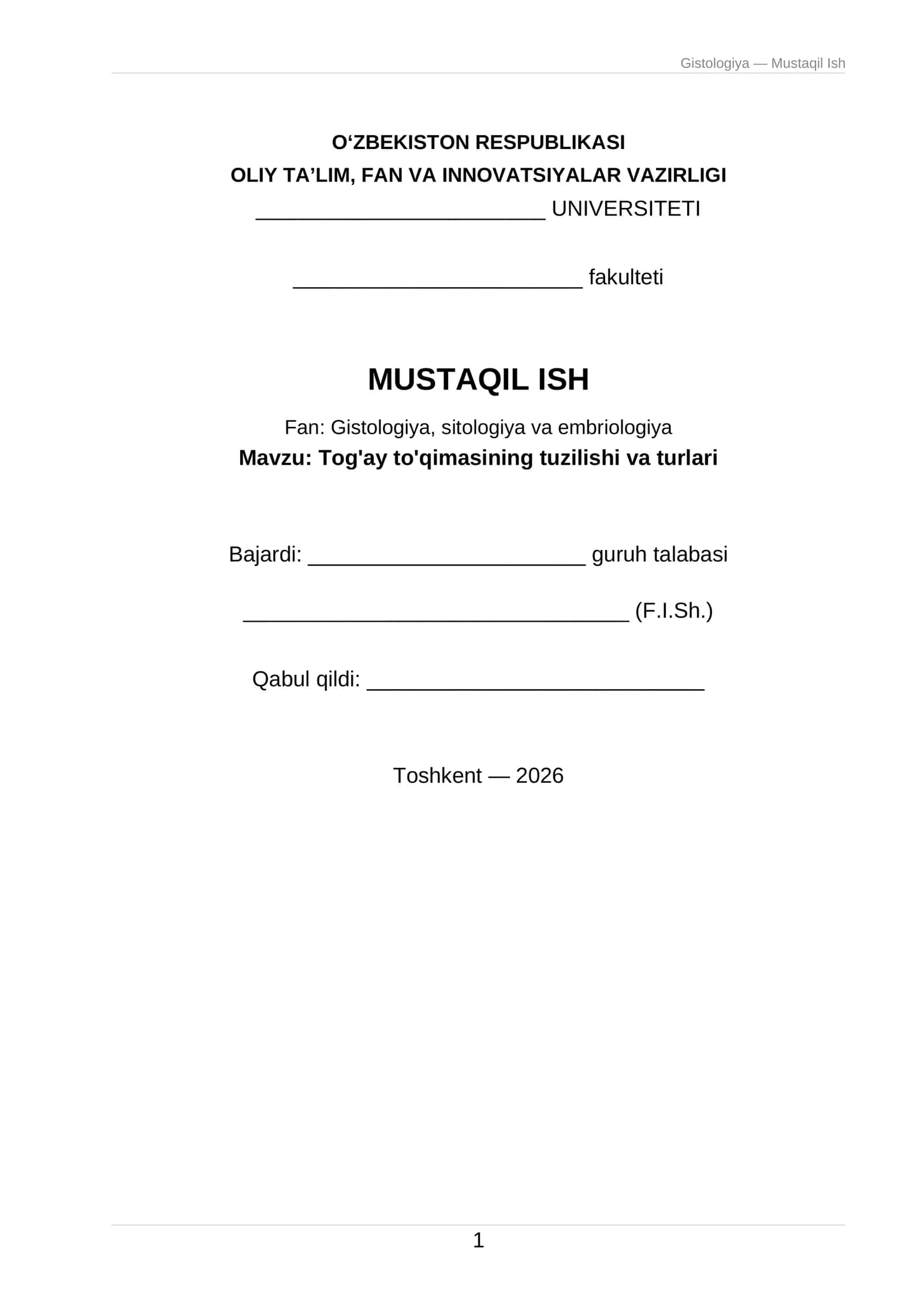 Gistologiya — Mustaqil Ish