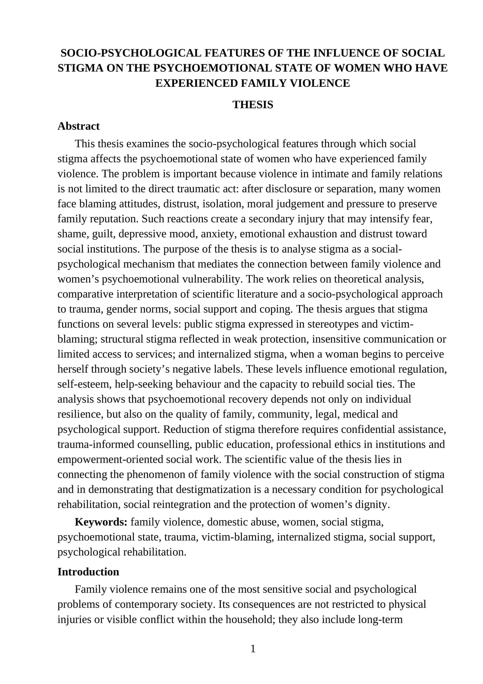 SOCIO-PSYCHOLOGICAL FEATURES OF THE INFLUENCE OF SOCIAL STIGMA ON THE PSYCHOEMOTIONAL STATE OF WOMEN WHO HAVE EXPERIENCED FAMILY VIOLENCE