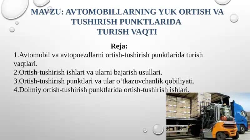 Avtomobillarning yuk ortish va tushirish punktlarida turish vaqti