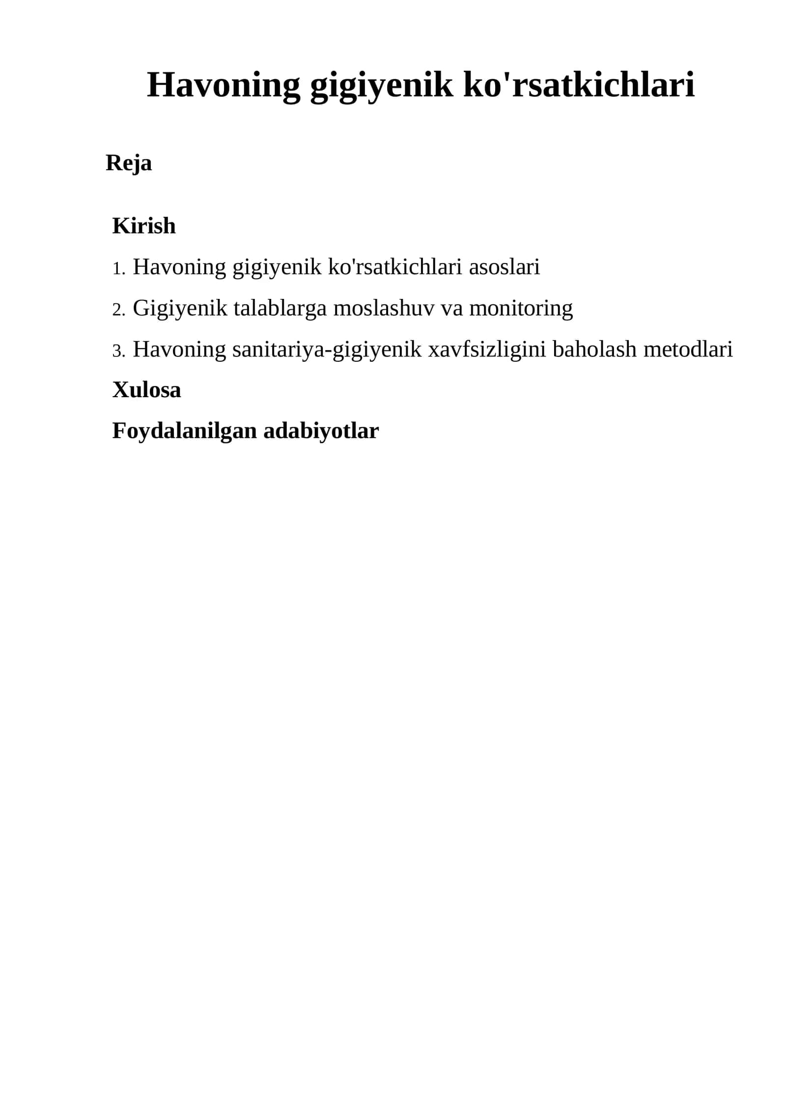 Havoning gigiyenik ko'rsatkichlari