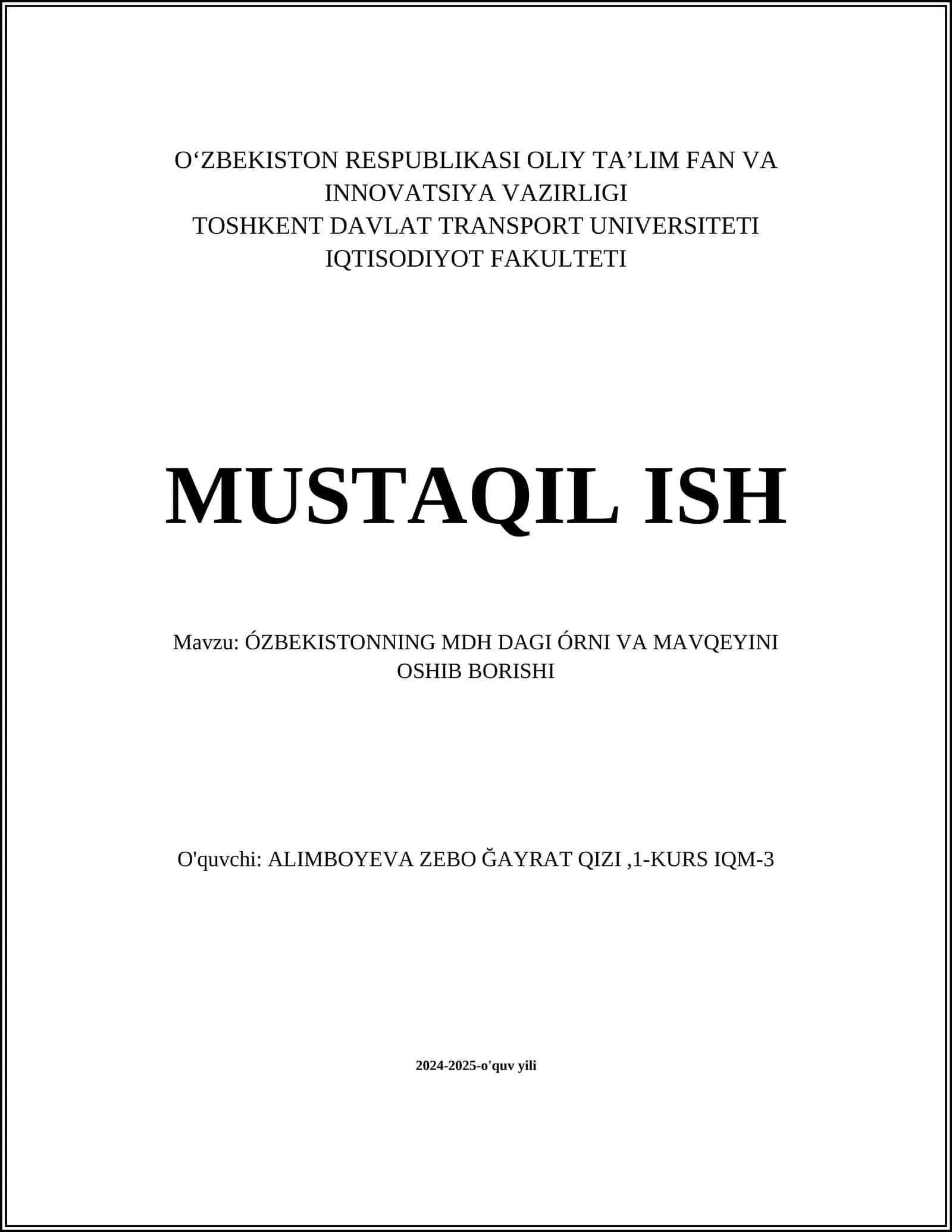 ÖZBEKISTONNING MDH DAGI ÖRNI VA MAVQEYINI OSHIB BORISHI